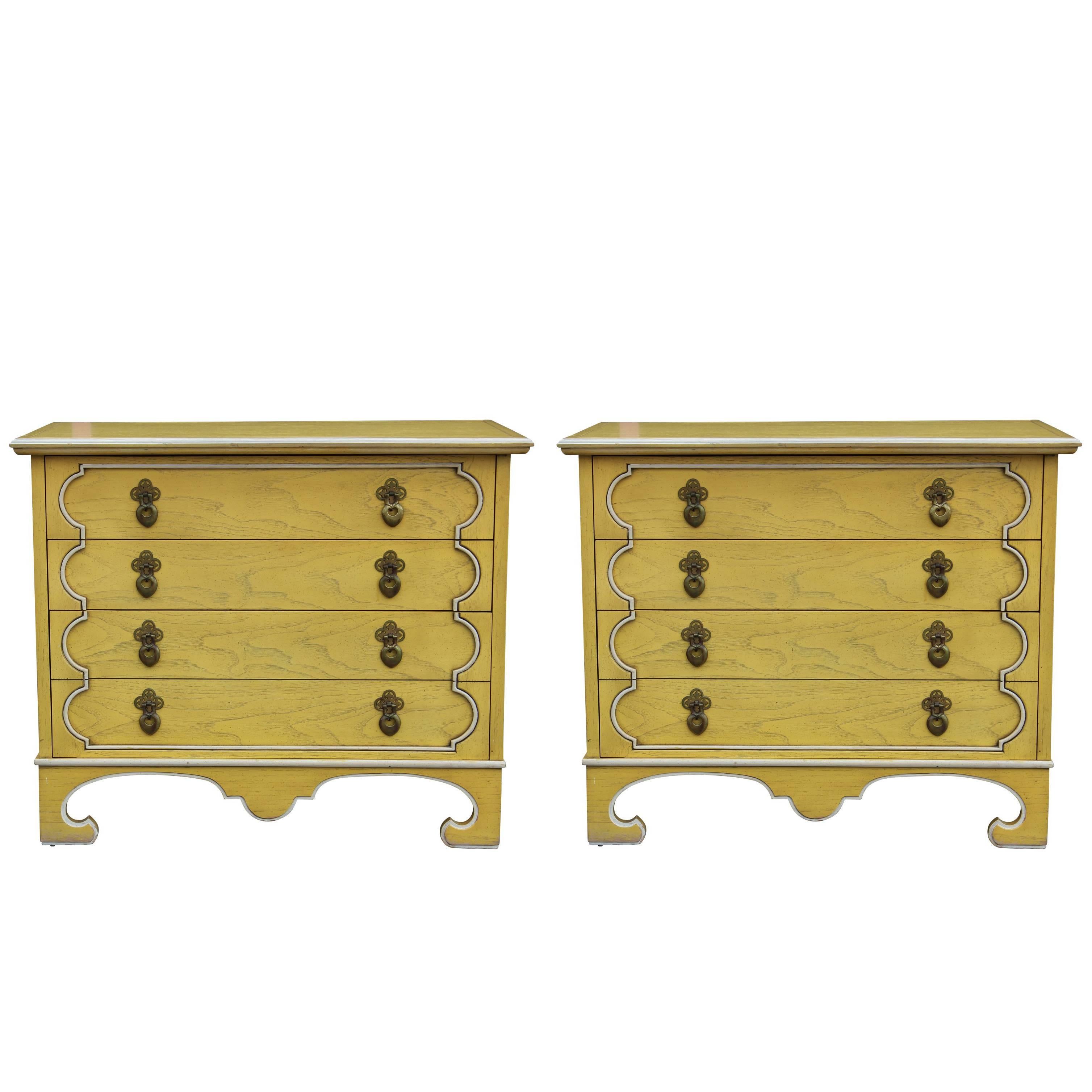 Pair of Light Yellow Four Drawer Bachelors Chests by Tomlinson w/ Brass Hardware