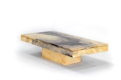 Pair of Light Yellow Grey Veined Marble Coffee Tables, 1970s