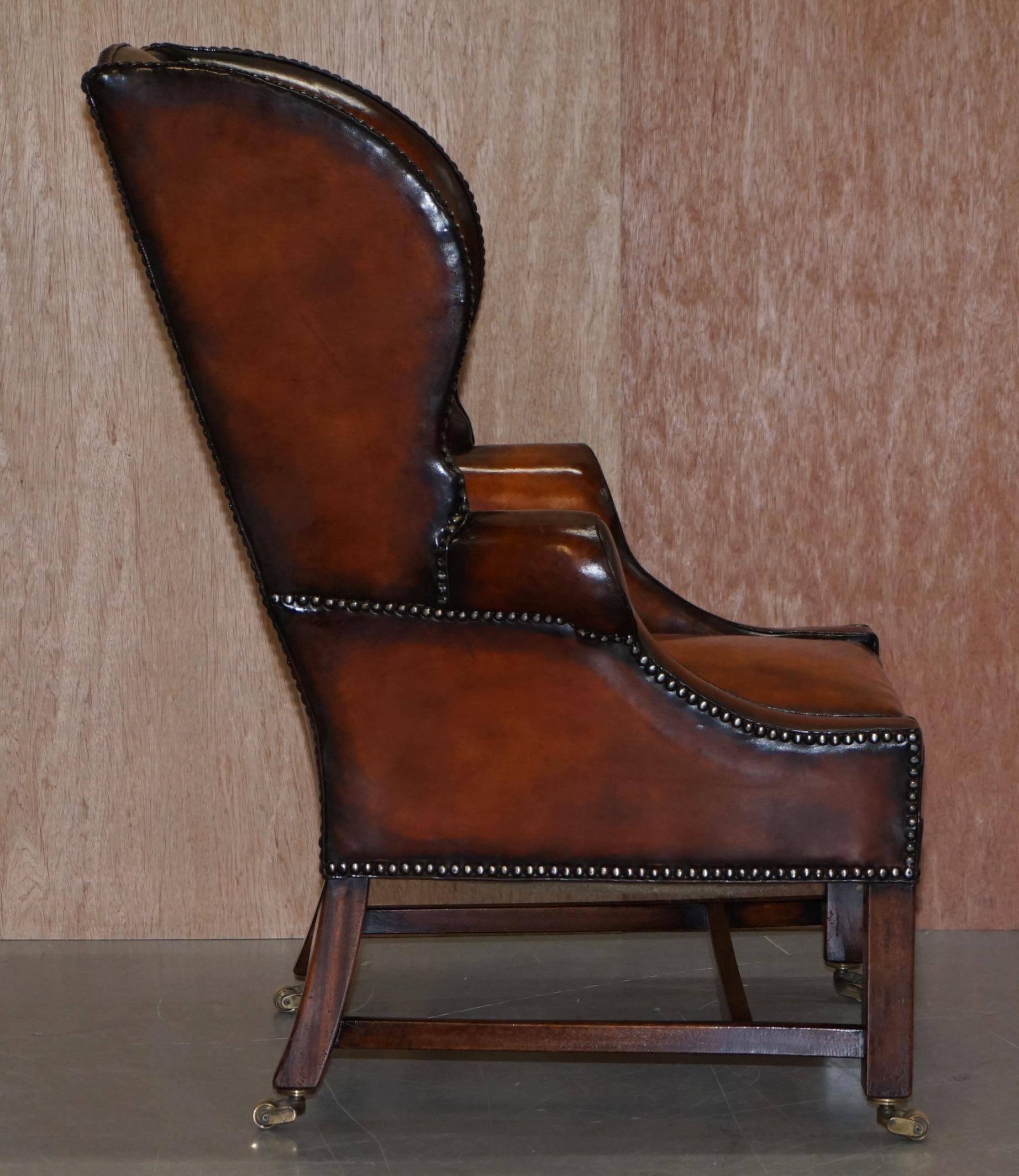 Pair of Lightly Restored George III circa 1780 Wingback Brown Leather Armchairs 6