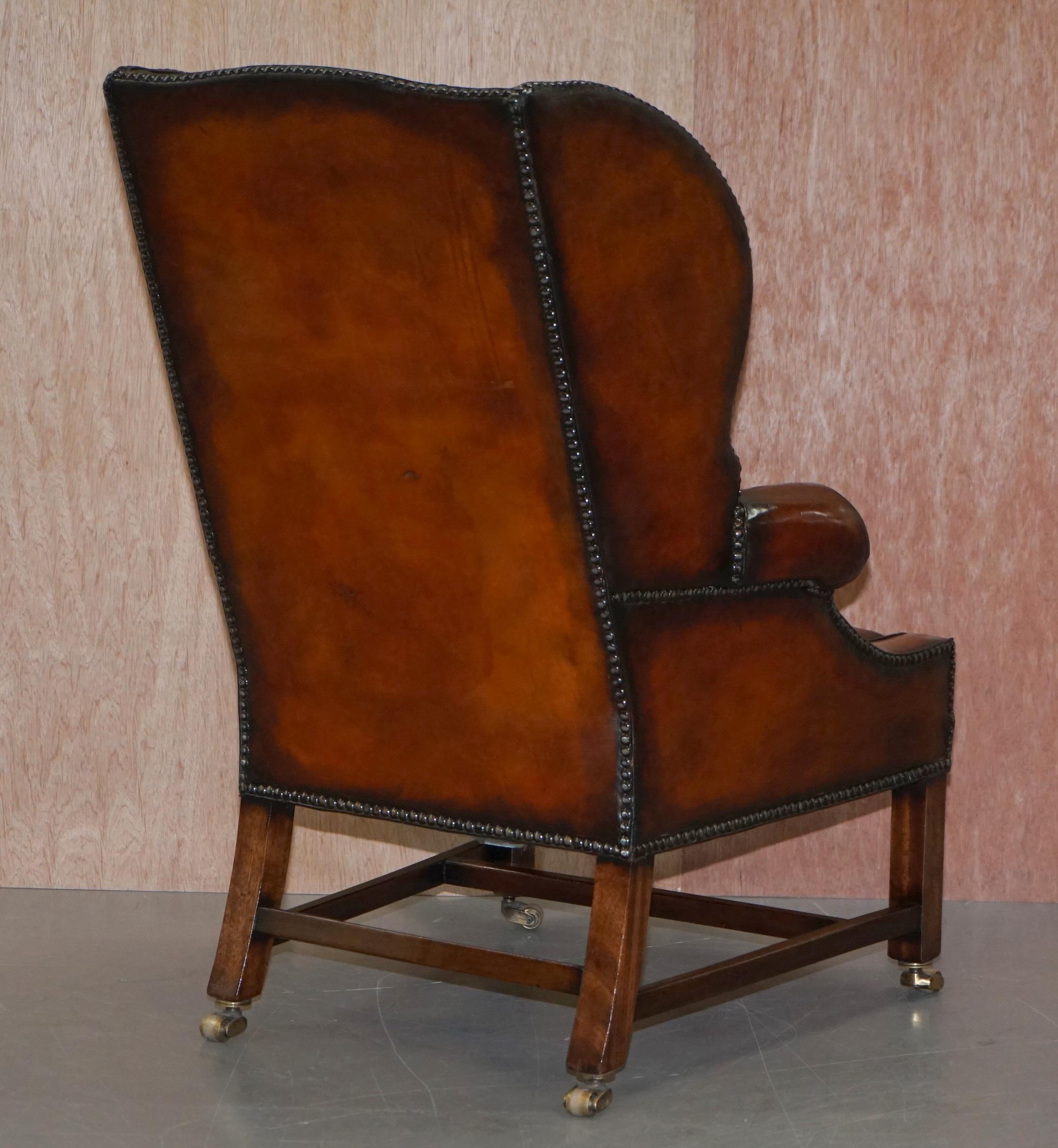Pair of Lightly Restored George III circa 1780 Wingback Brown Leather Armchairs 8