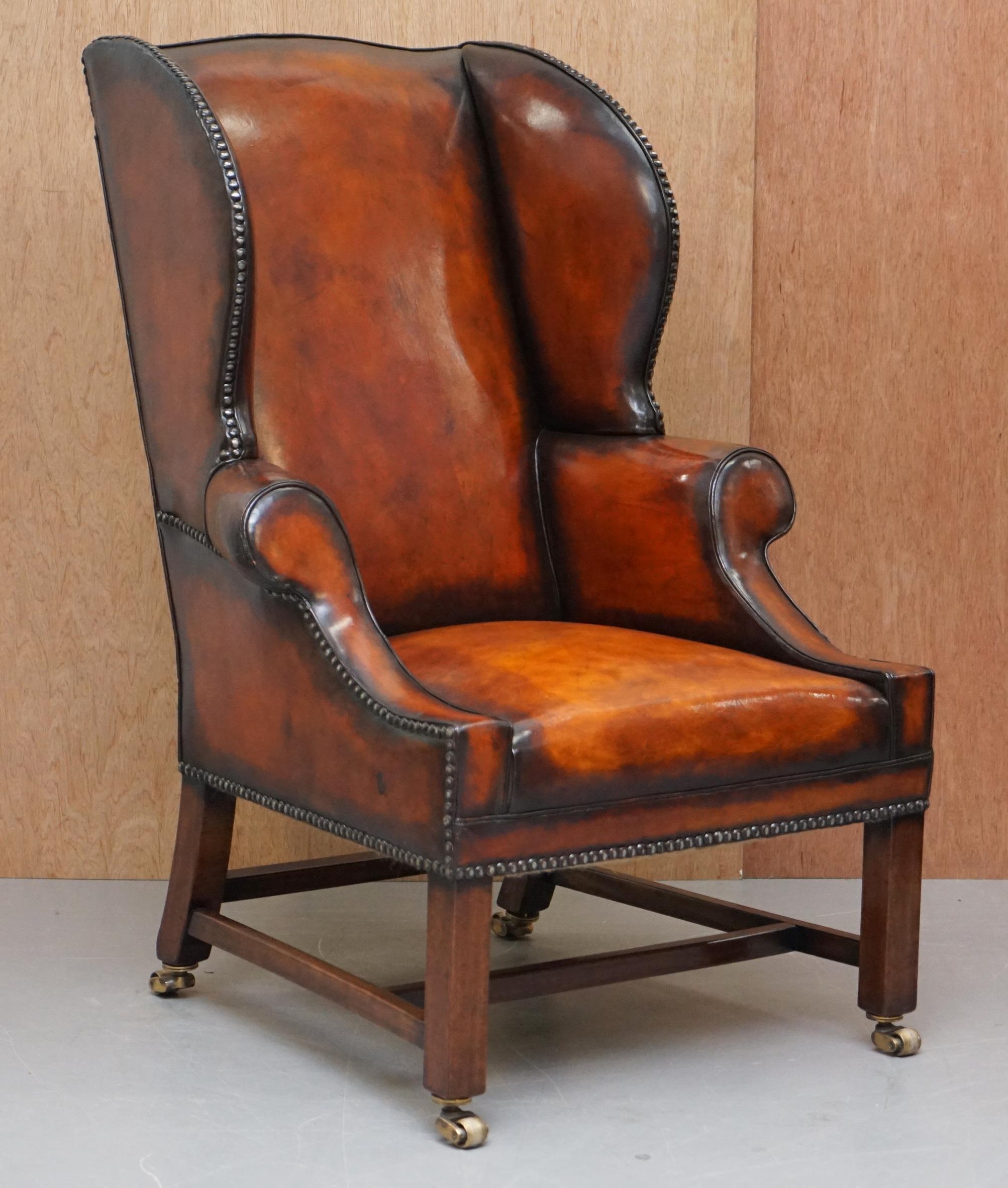 Pair of Lightly Restored George III circa 1780 Wingback Brown Leather Armchairs 10