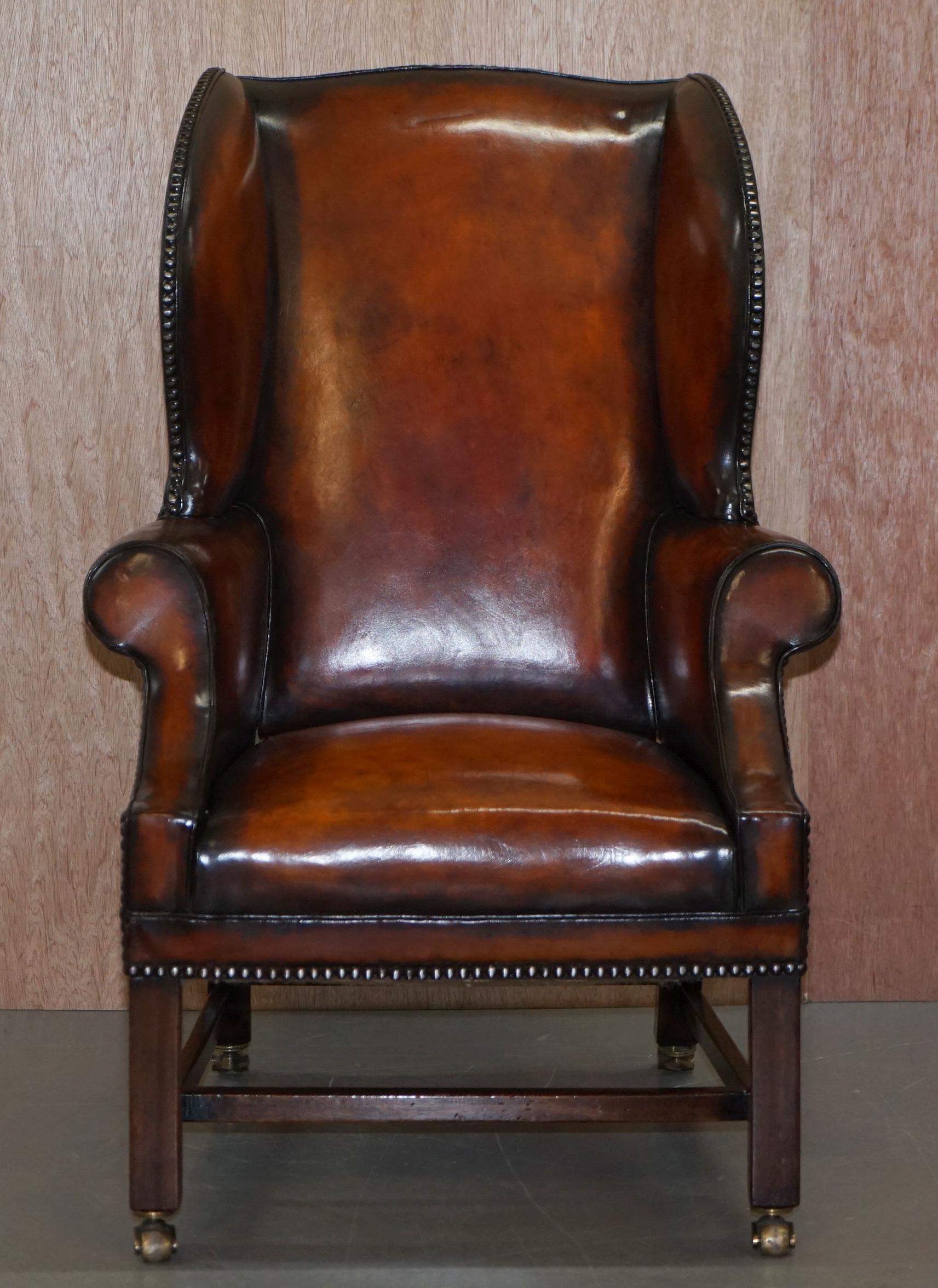 Pair of Lightly Restored George III circa 1780 Wingback Brown Leather Armchairs 11