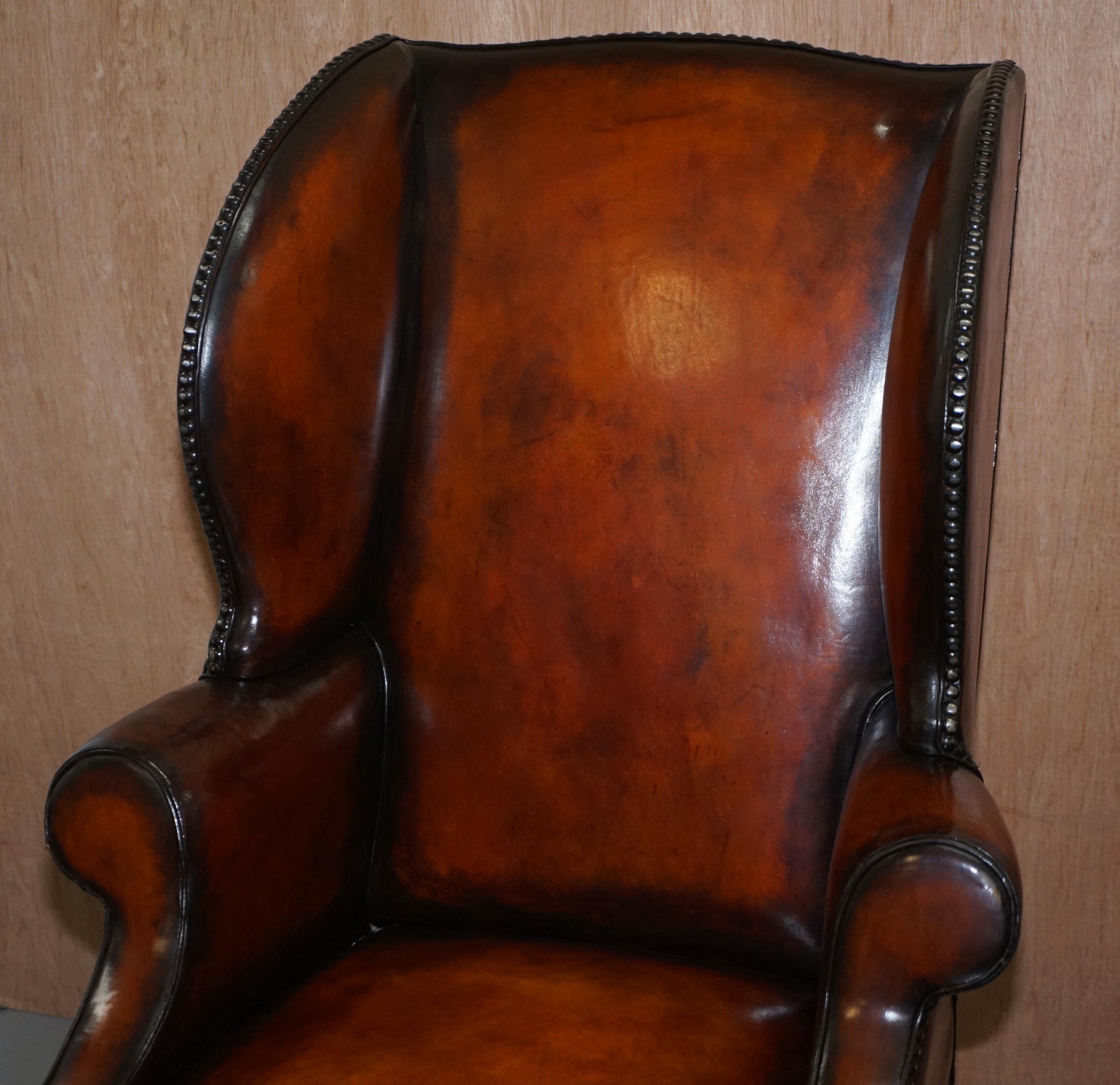 Pair of Lightly Restored George III circa 1780 Wingback Brown Leather Armchairs 12