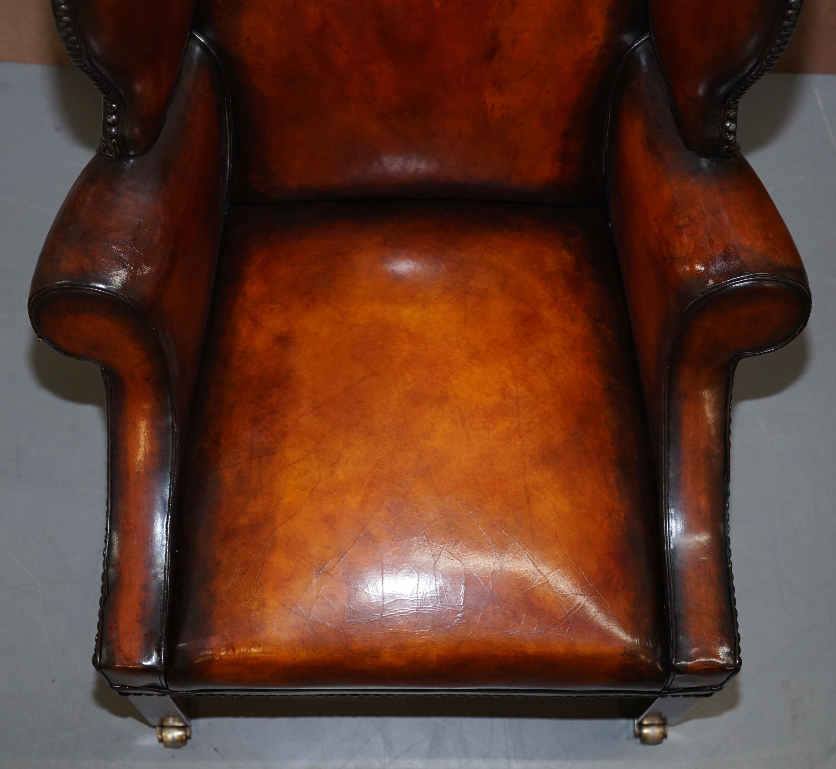 Pair of Lightly Restored George III circa 1780 Wingback Brown Leather Armchairs 13