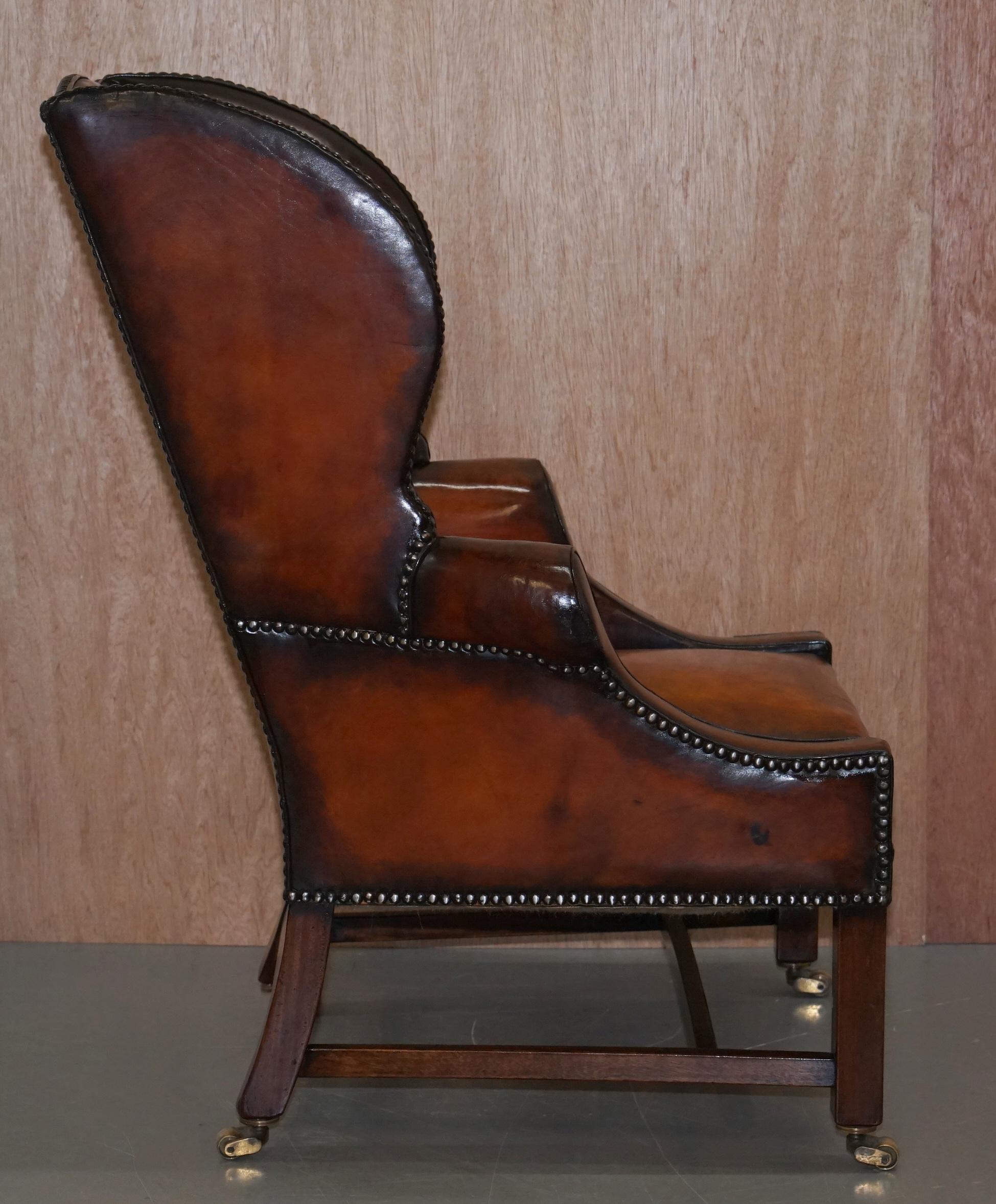 Pair of Lightly Restored George III circa 1780 Wingback Brown Leather Armchairs 15
