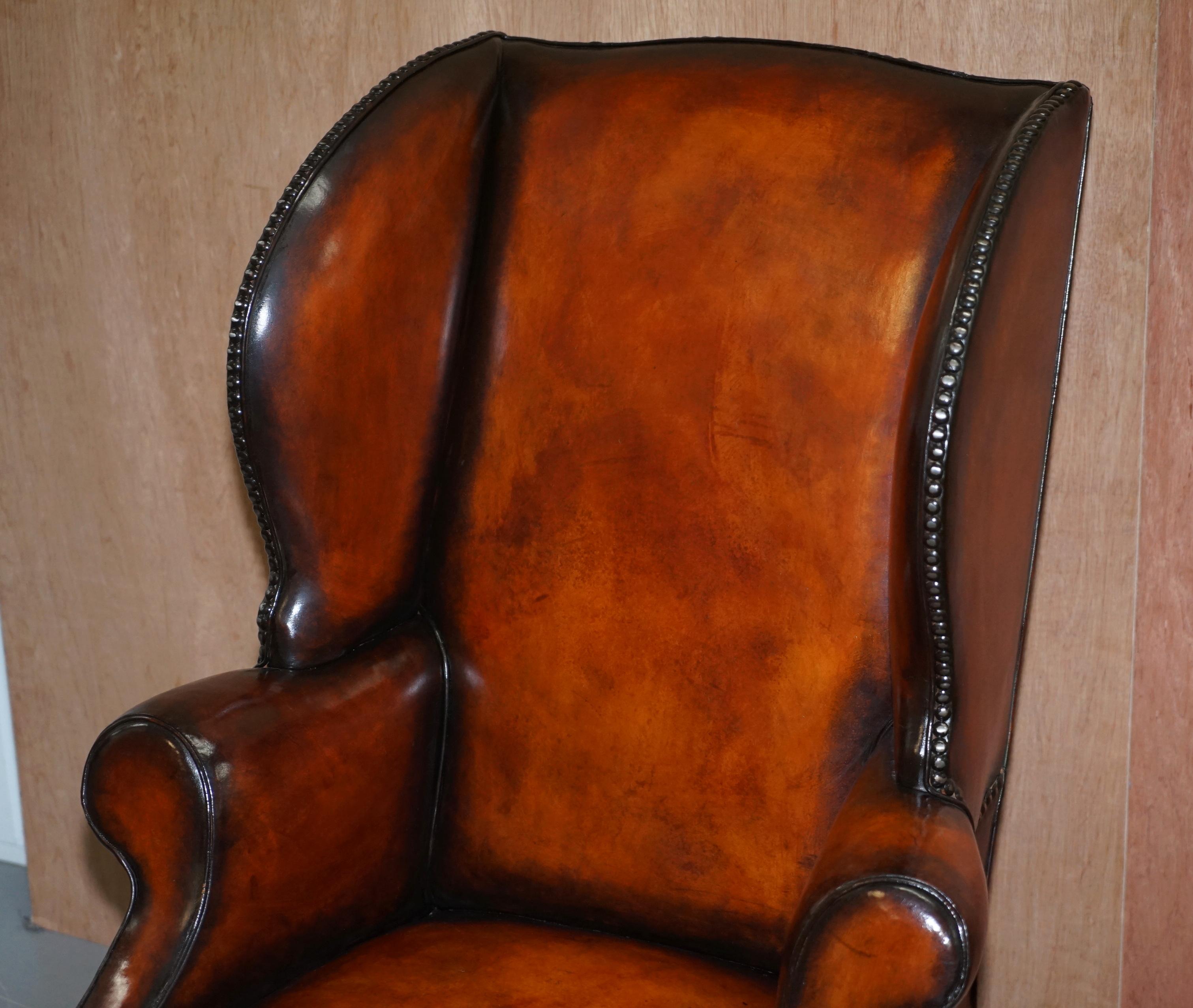 Hand-Crafted Pair of Lightly Restored George III circa 1780 Wingback Brown Leather Armchairs