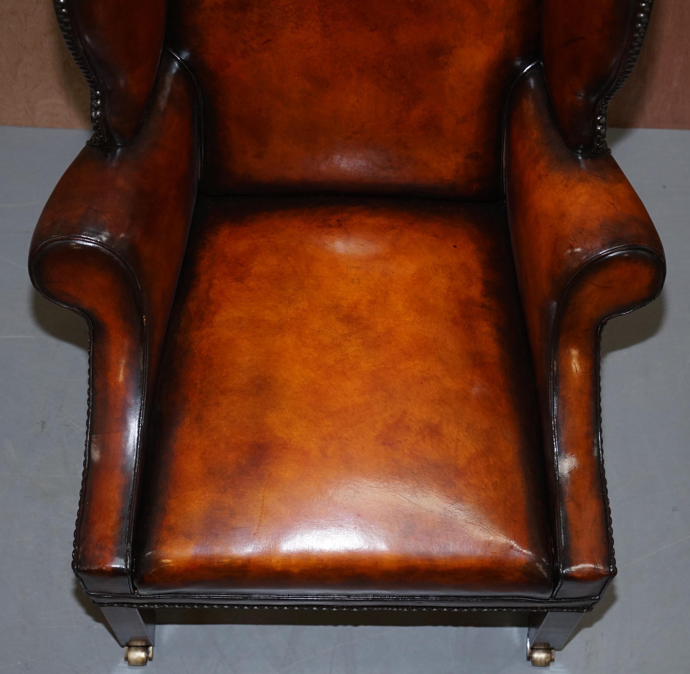 Pair of Lightly Restored George III circa 1780 Wingback Brown Leather Armchairs 2