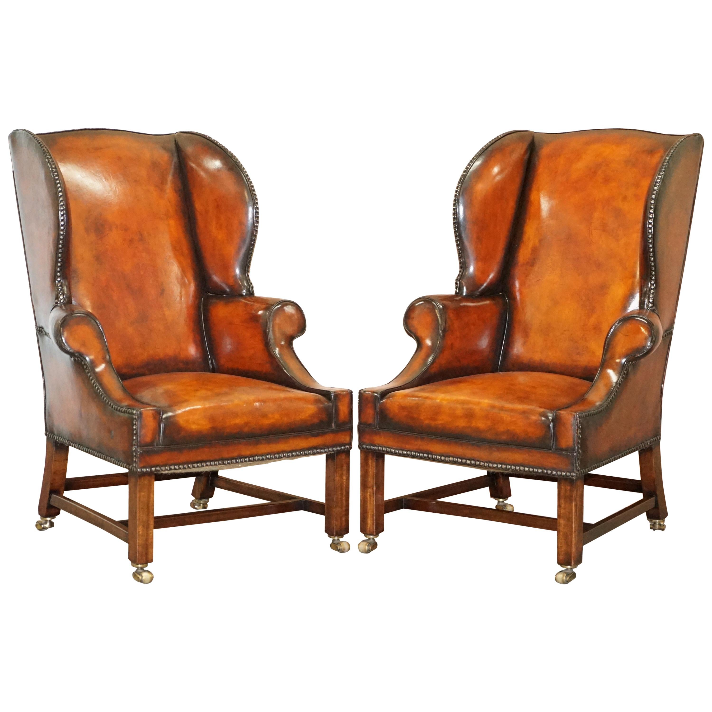 Pair of Lightly Restored George III circa 1780 Wingback Brown Leather Armchairs