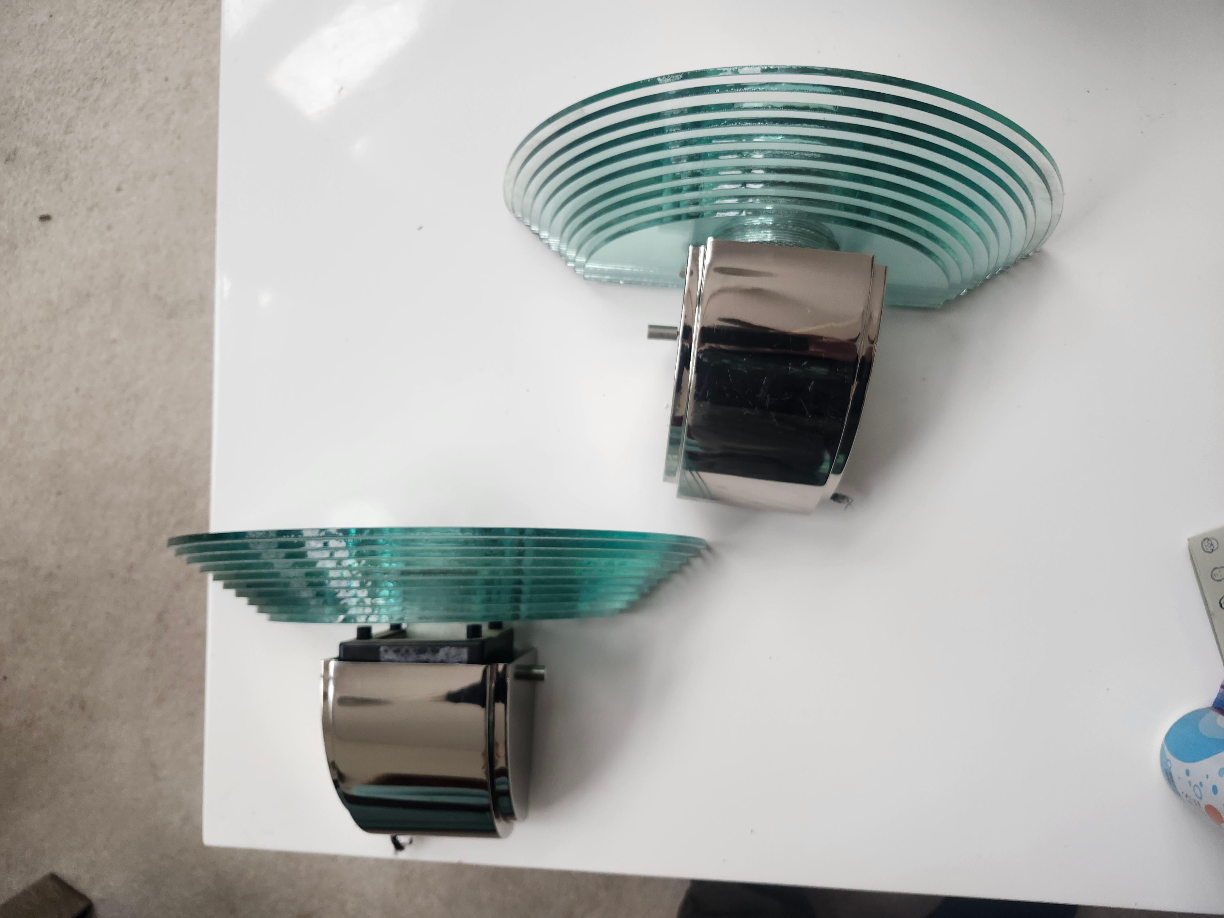 Pair of Lightolier Scalini Chrome w Stacked Glass Art Deco Post Modern Sconces For Sale 4