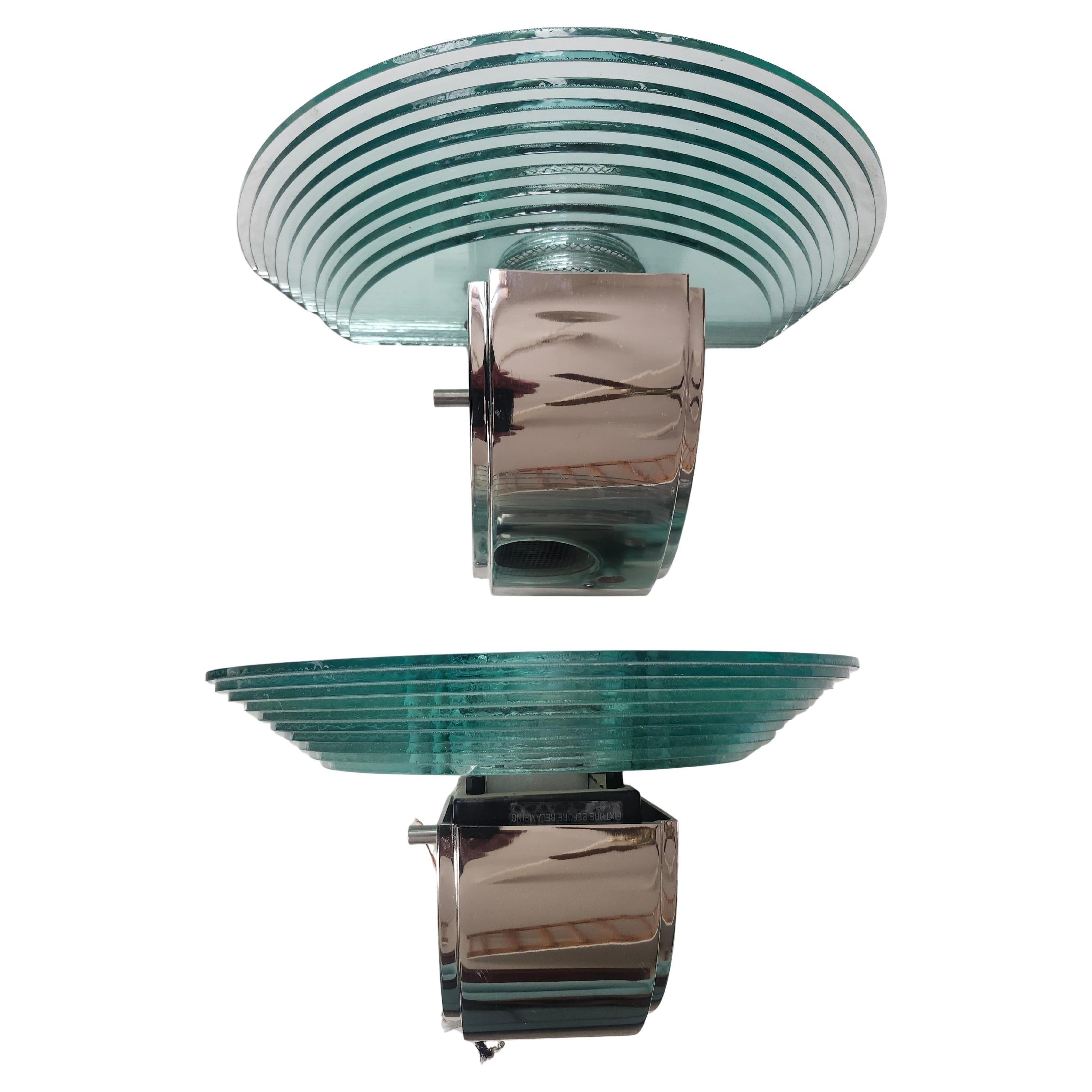 American Pair of Lightolier Scalini Chrome w Stacked Glass Art Deco Post Modern Sconces For Sale