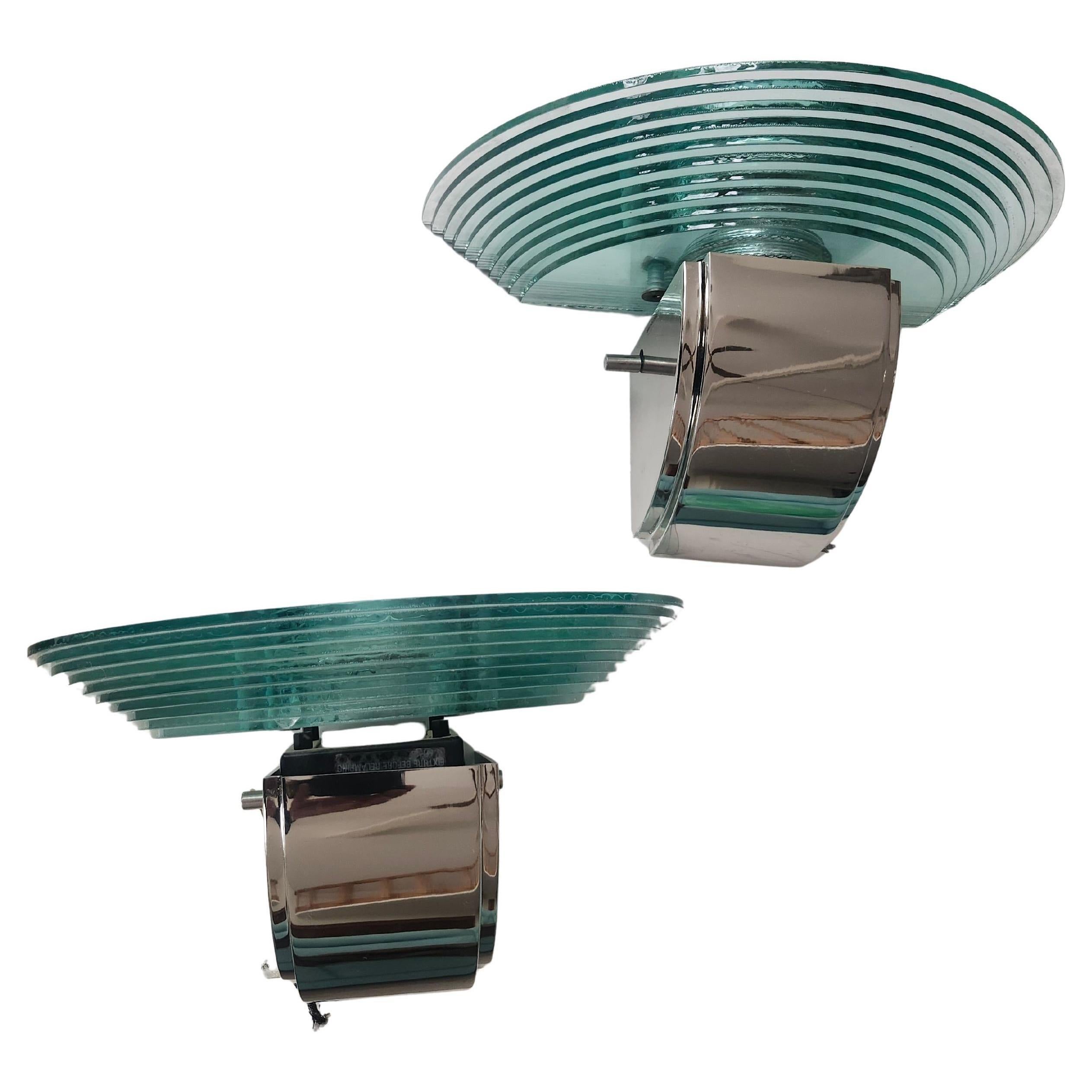 Hand-Crafted Pair of Lightolier Scalini Chrome w Stacked Glass Art Deco Post Modern Sconces For Sale