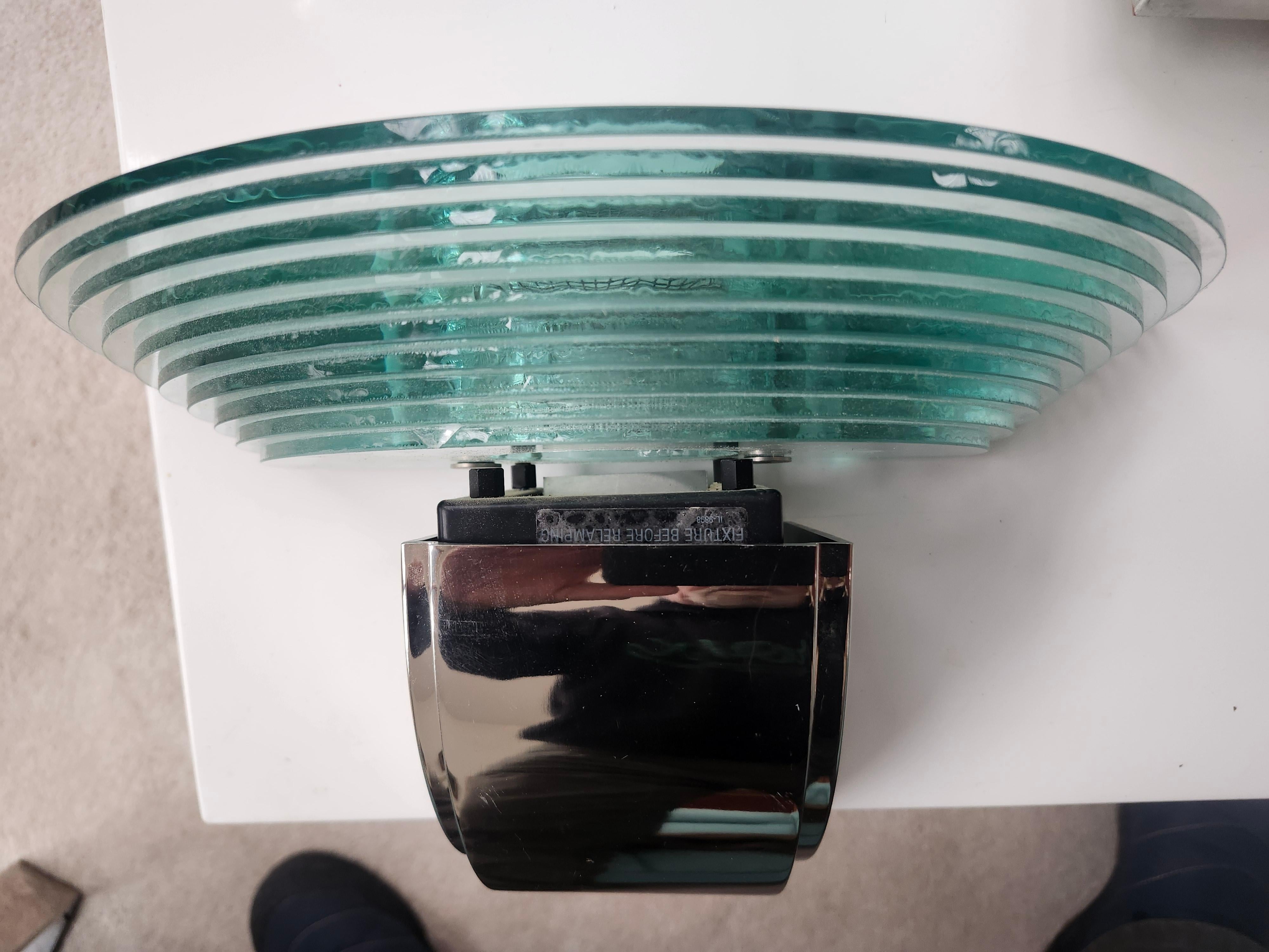 Steel Pair of Lightolier Scalini Chrome w Stacked Glass Art Deco Post Modern Sconces For Sale