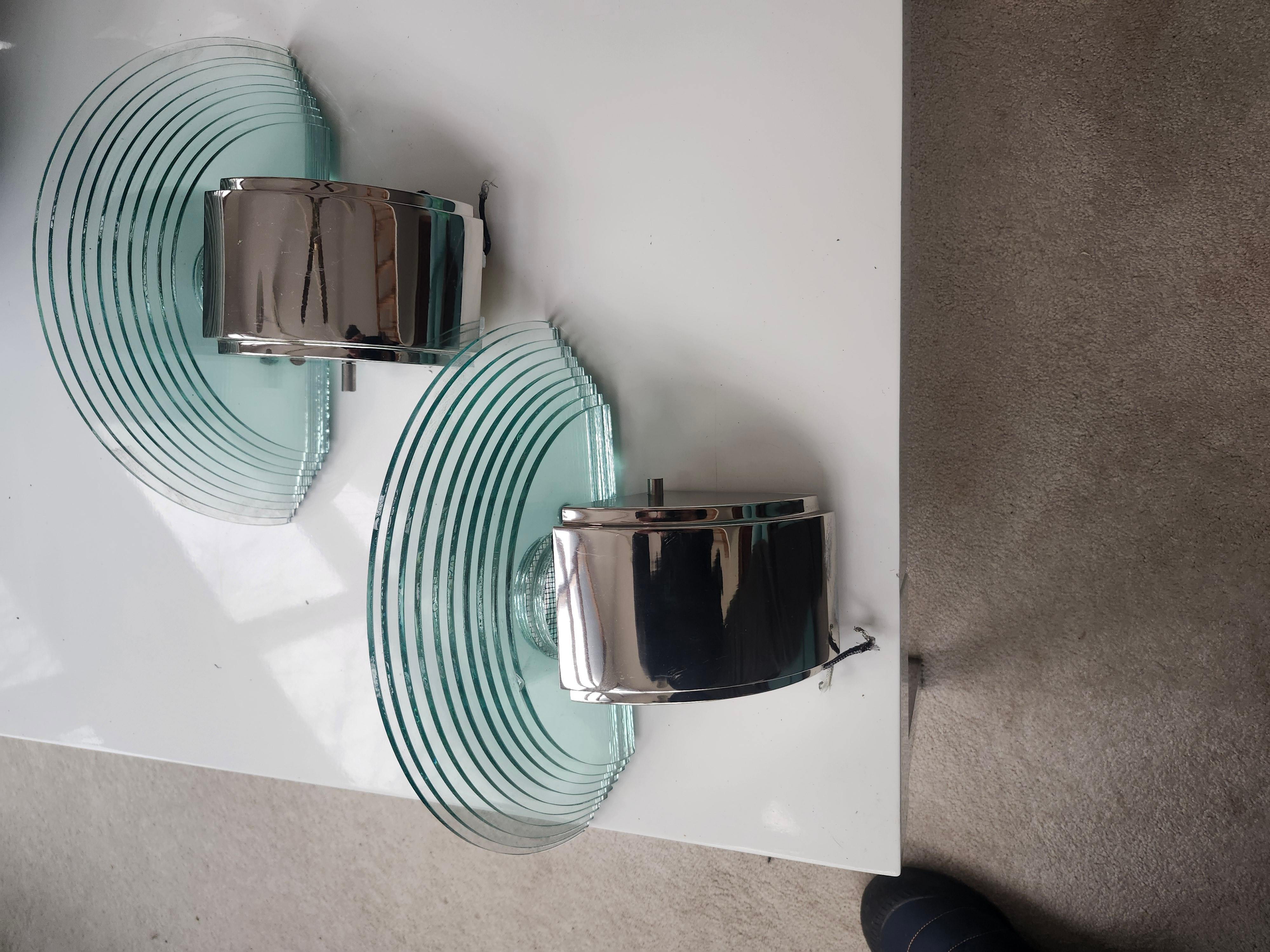 Pair of Lightolier Scalini Chrome w Stacked Glass Art Deco Post Modern Sconces For Sale 1