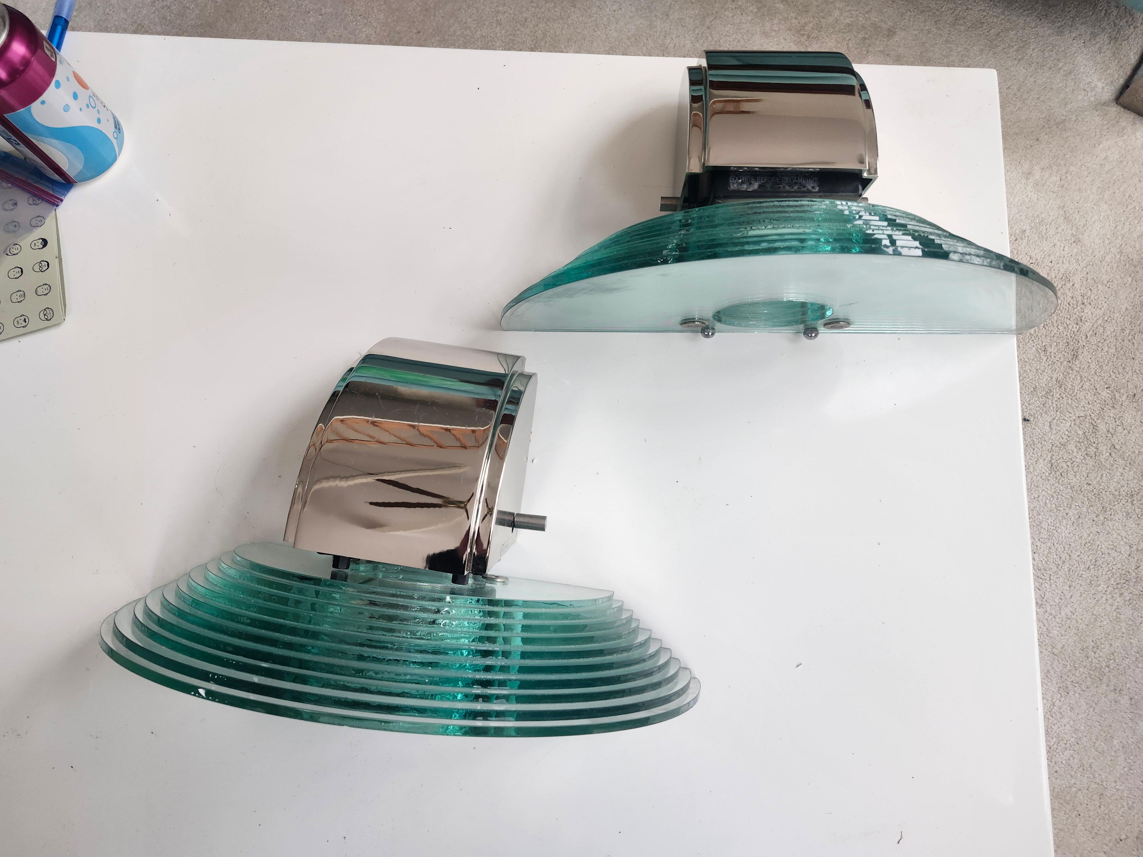 Pair of Lightolier Scalini Chrome w Stacked Glass Art Deco Post Modern Sconces For Sale 2
