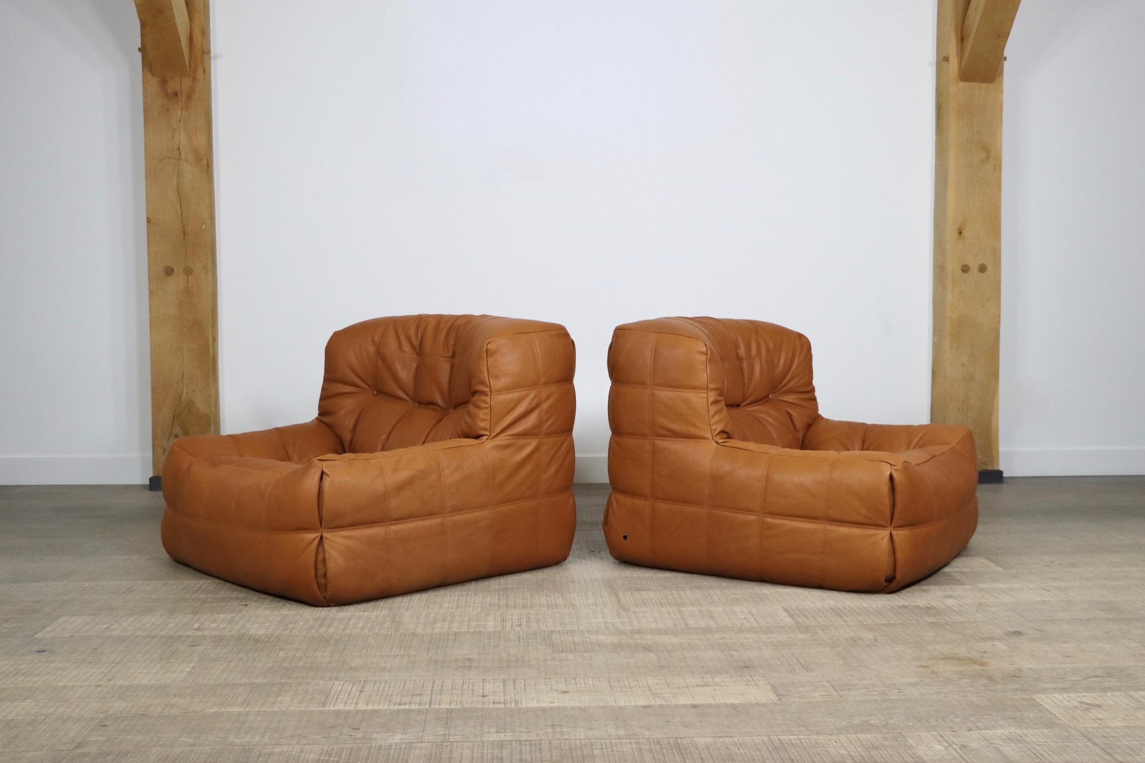 Pair of Ligne Roset Kashima Lounge Chairs in Cognac Leather by Michel Ducaroy 6
