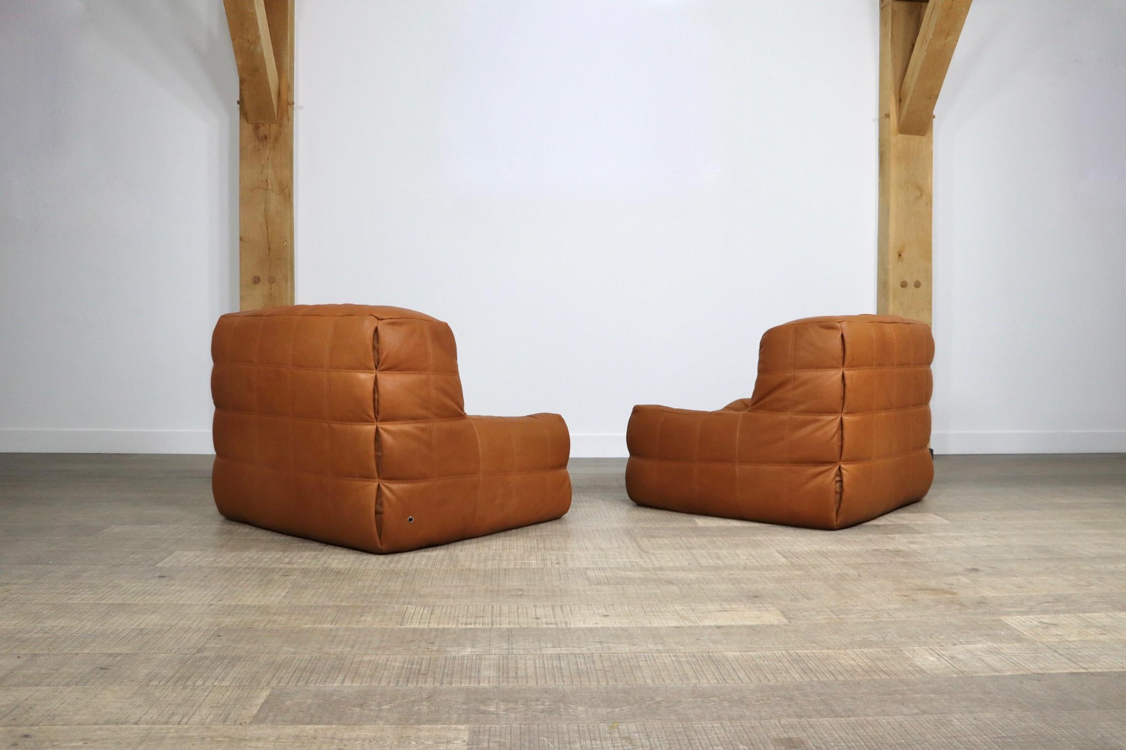 Paire de fauteuils de salon Kashima en cuir cognac Ligne Roset de Michel Ducaroy 7