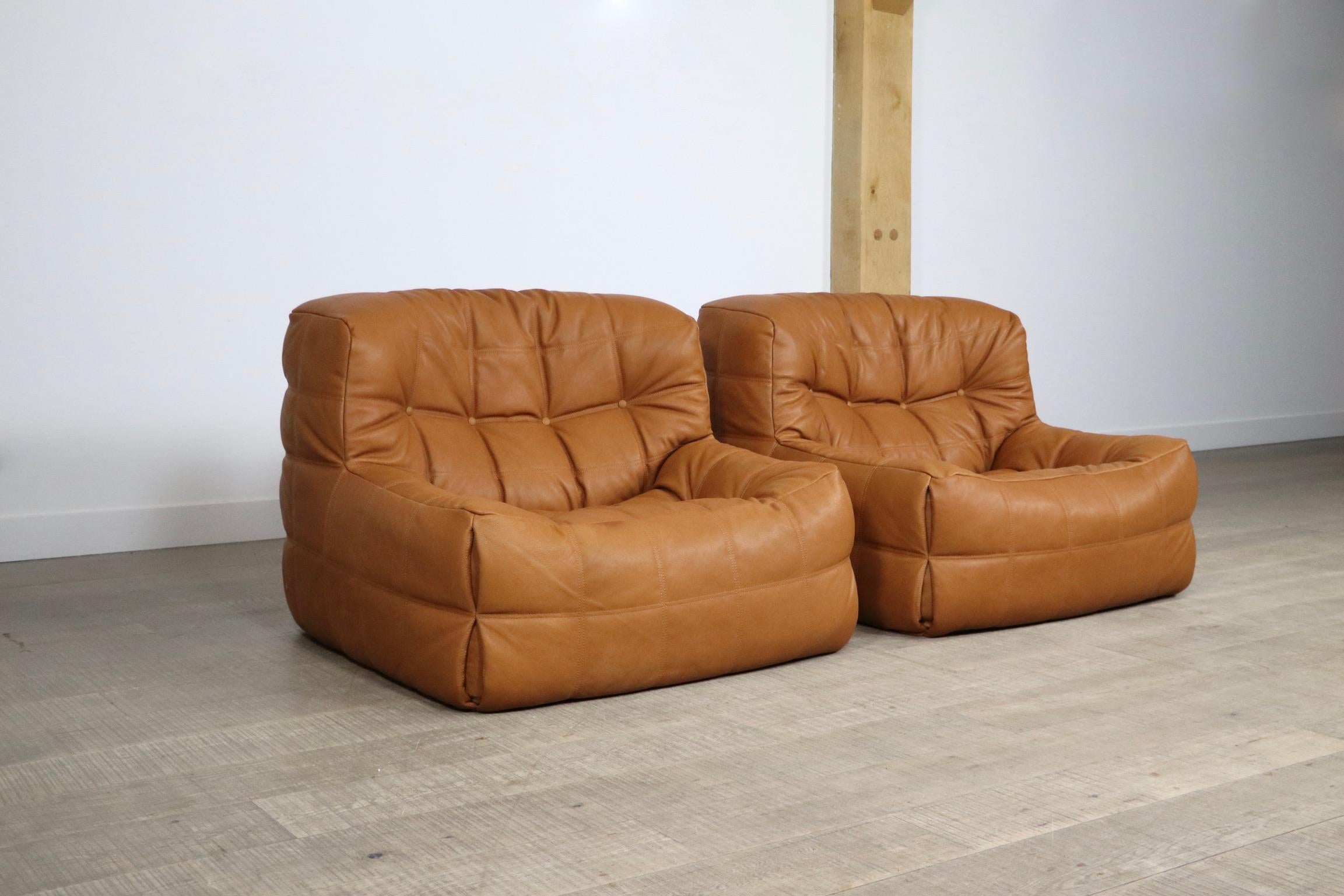 Pair of Ligne Roset Kashima Lounge Chairs in Cognac Leather by Michel Ducaroy In Good Condition In ABCOUDE, UT