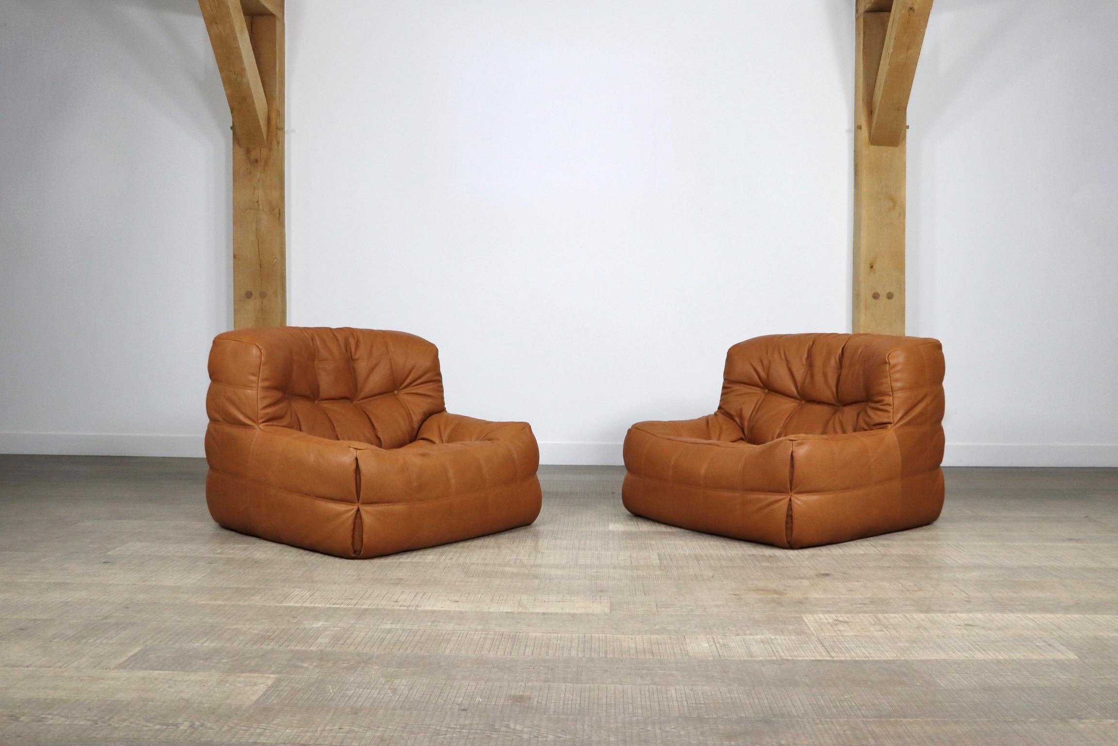 Pair of Ligne Roset Kashima Lounge Chairs in Cognac Leather by Michel Ducaroy 1