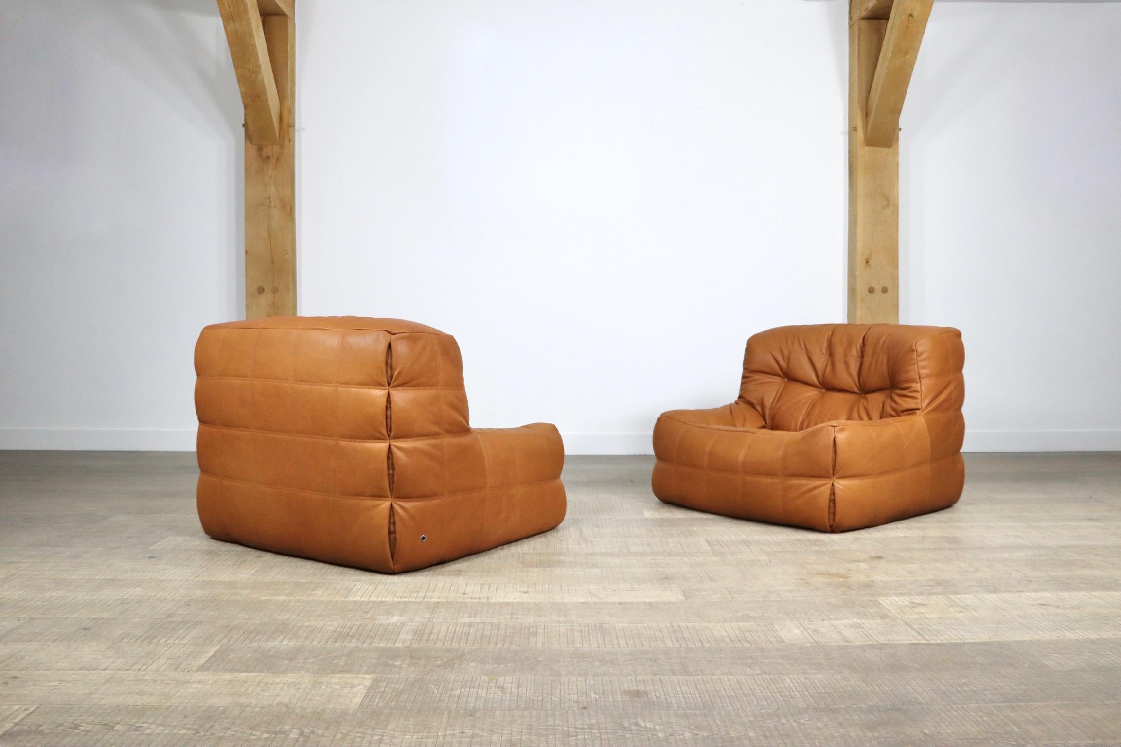 Pair of Ligne Roset Kashima Lounge Chairs in Cognac Leather by Michel Ducaroy 3