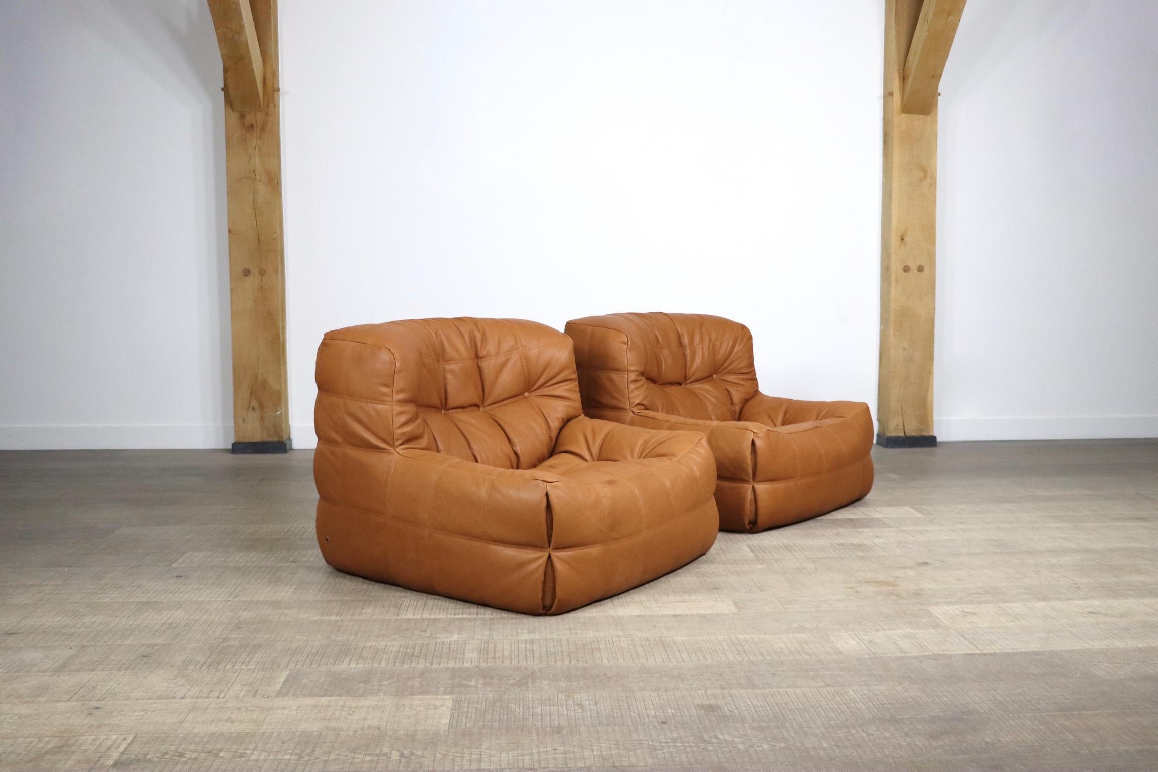 Pair of Ligne Roset Kashima Lounge Chairs in Cognac Leather by Michel Ducaroy 5