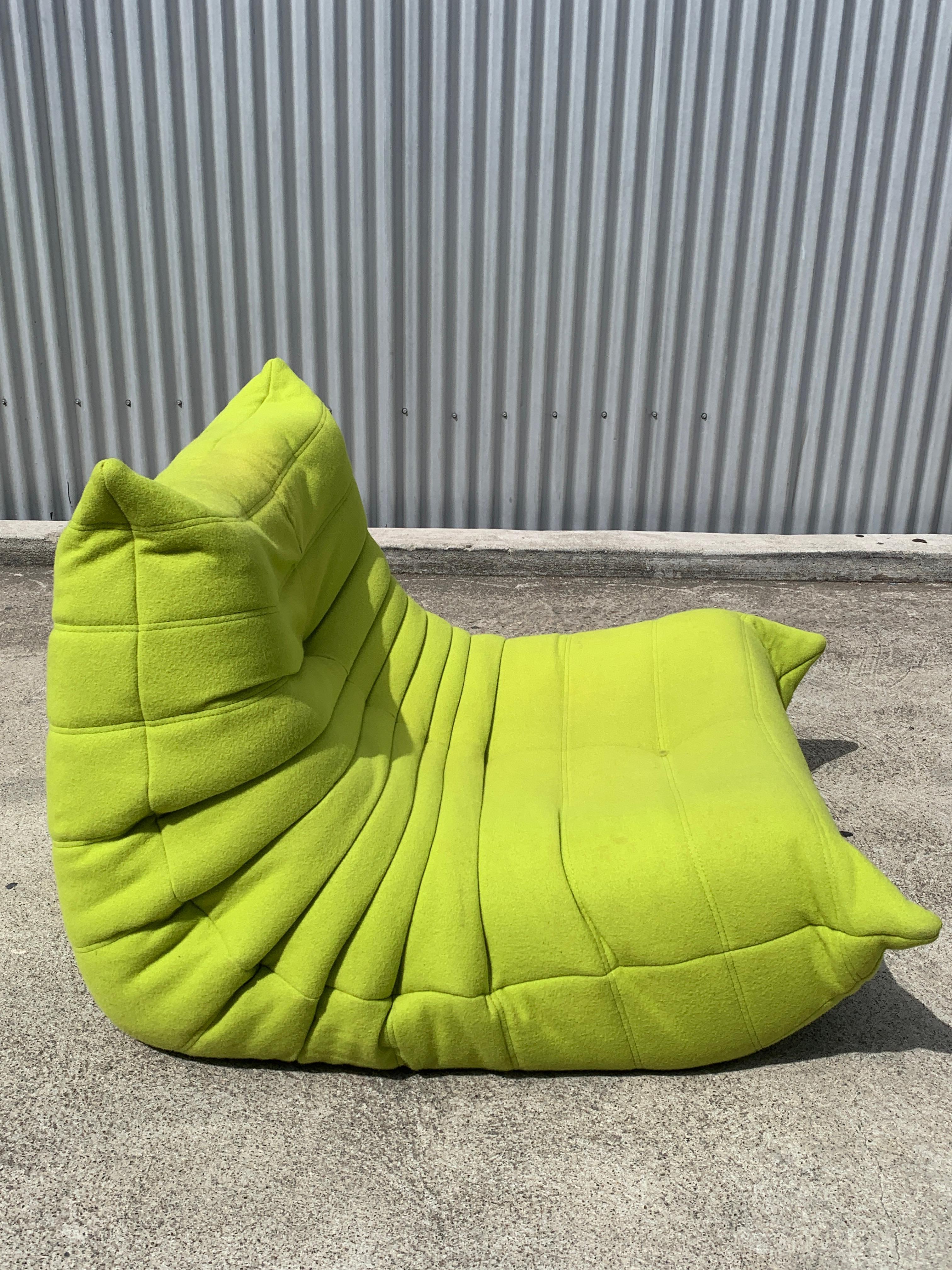 French Pair of Ligne Roset Togo Chaise Lounges in Chartreuse Felt by Michel Ducaroy