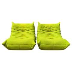 Vintage Pair of Ligne Roset Togo Chaise Lounges in Chartreuse Felt by Michel Ducaroy