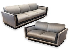 Pair of Ligne Roset Tufted Gray and Black Matching Sofa Couch and Loveseat Set