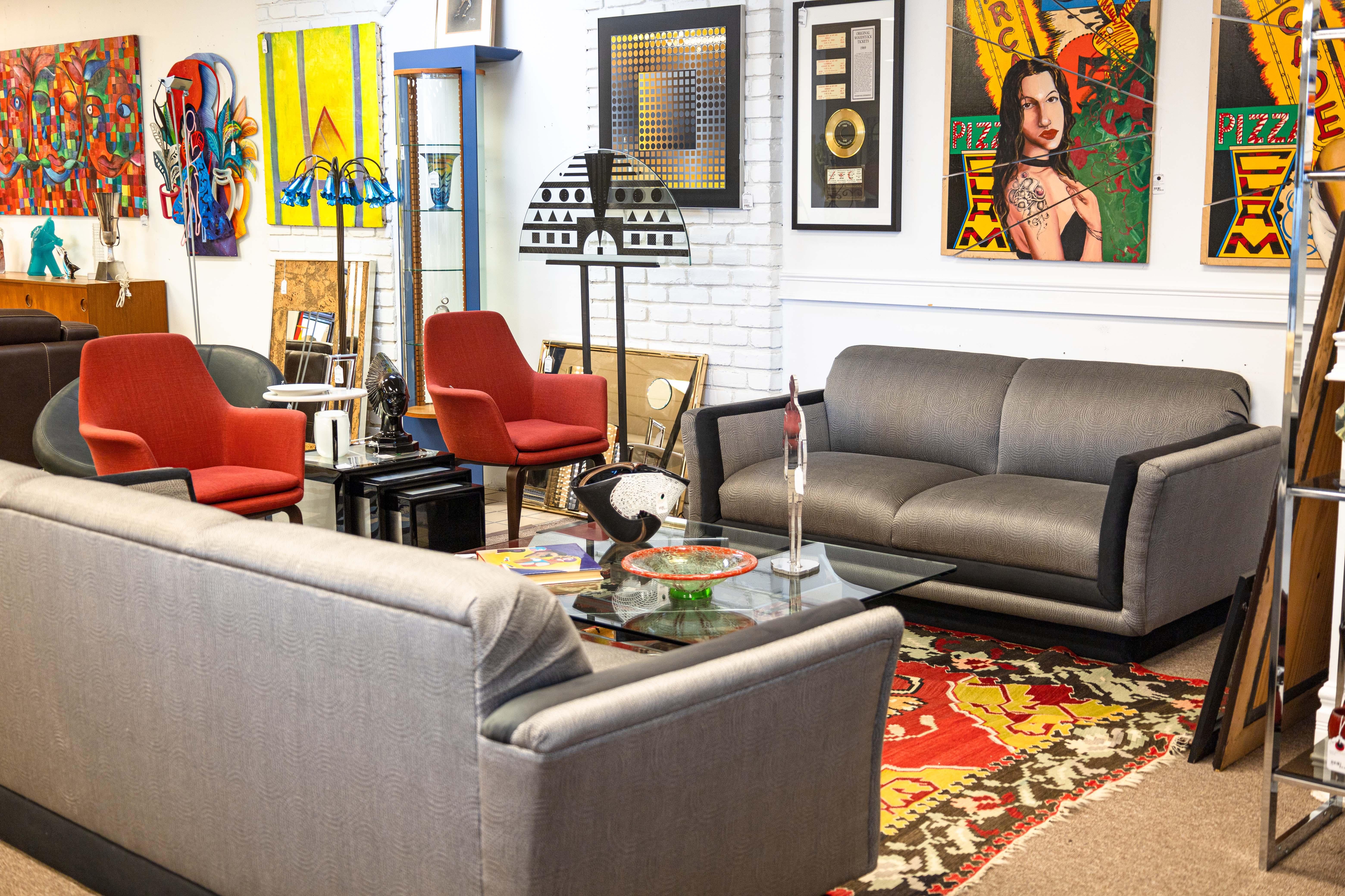 Pair of Ligne Roset Tufted Gray and Black Matching Sofa Couch and Loveseat Set In Good Condition For Sale In Keego Harbor, MI