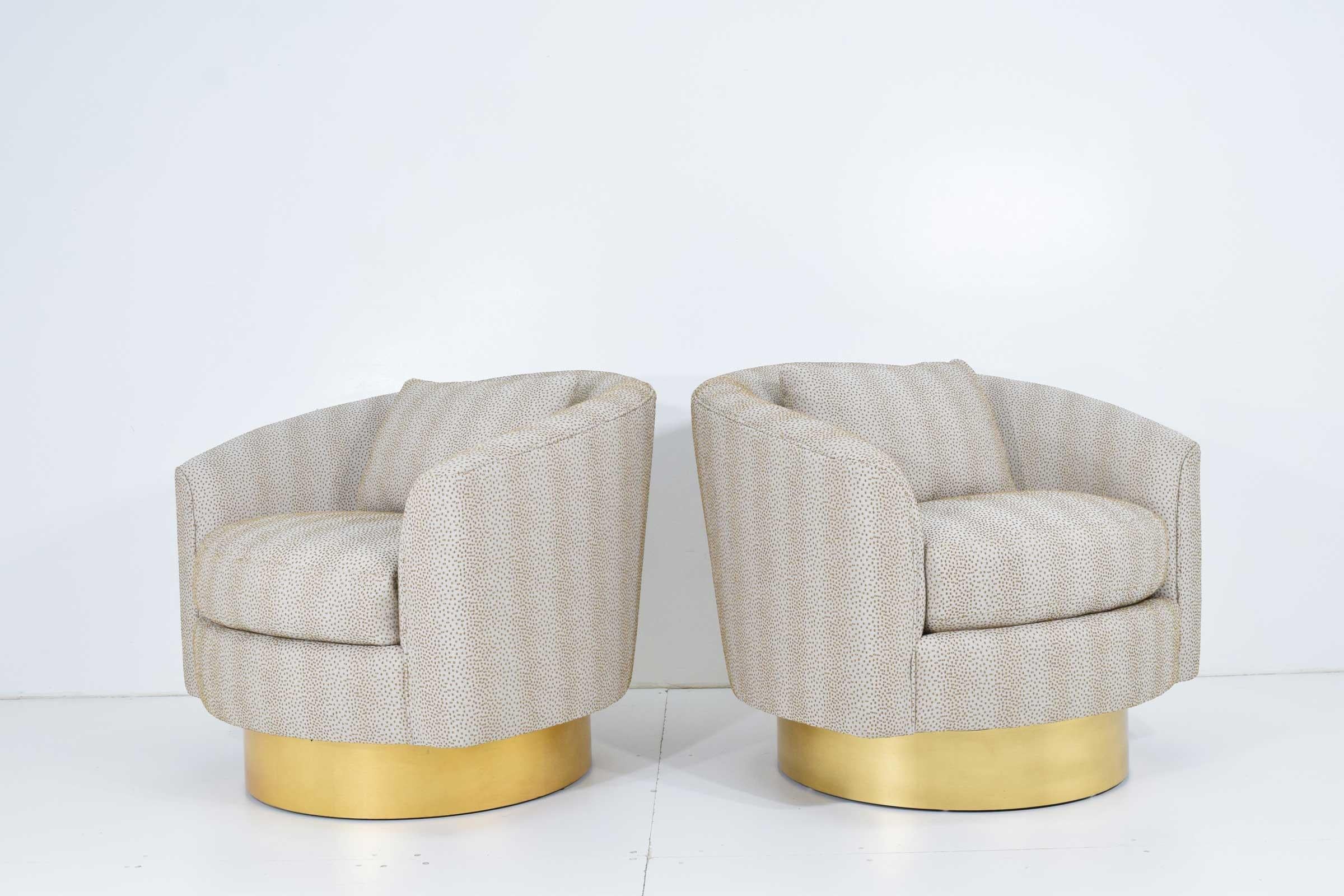 Hardly used, great fabric, brass finish base. Bernhardt swivel lounge chairs.