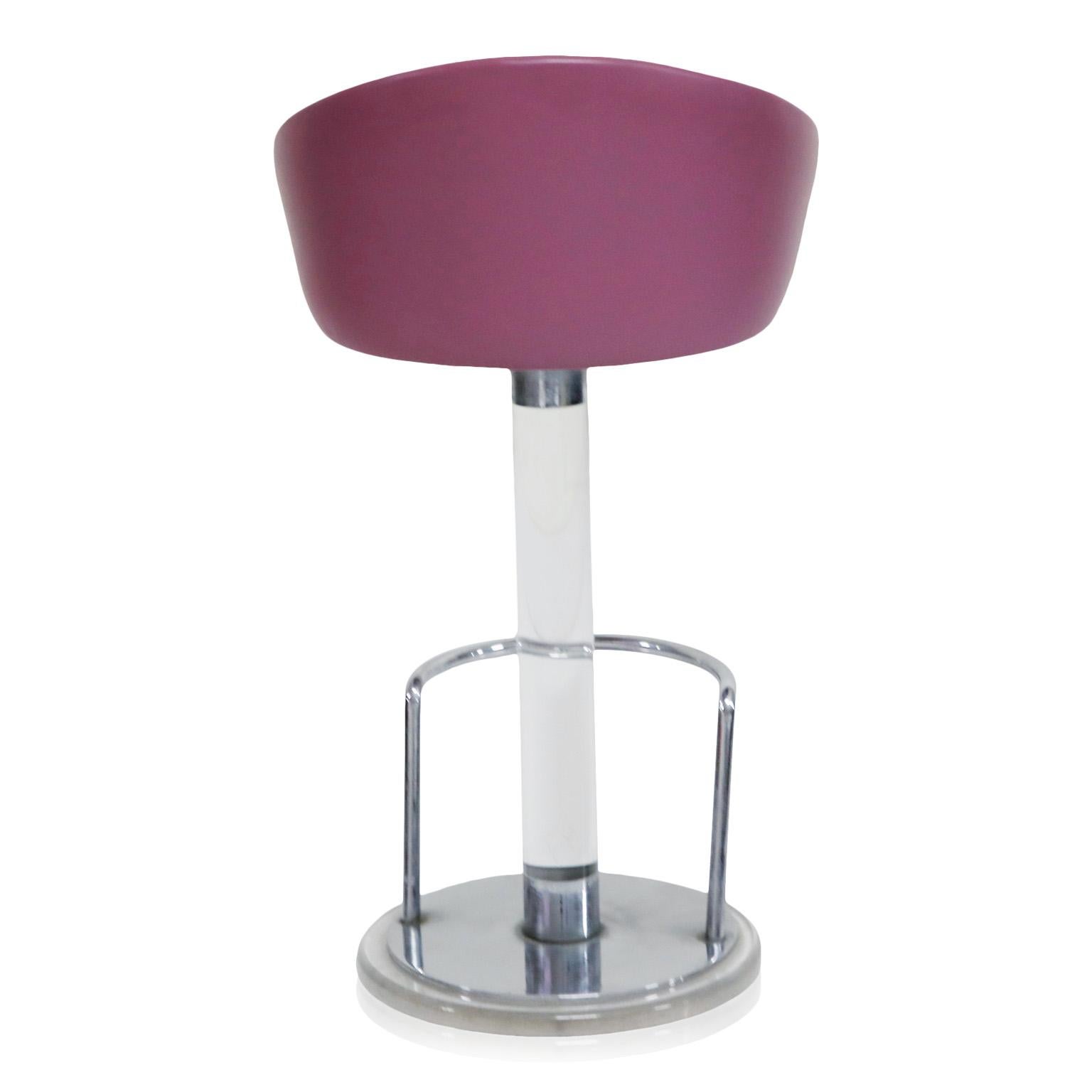 Late 20th Century Pair of Lilac Leather and Lucite Swivel Barstools by Lion in Frost, Signed