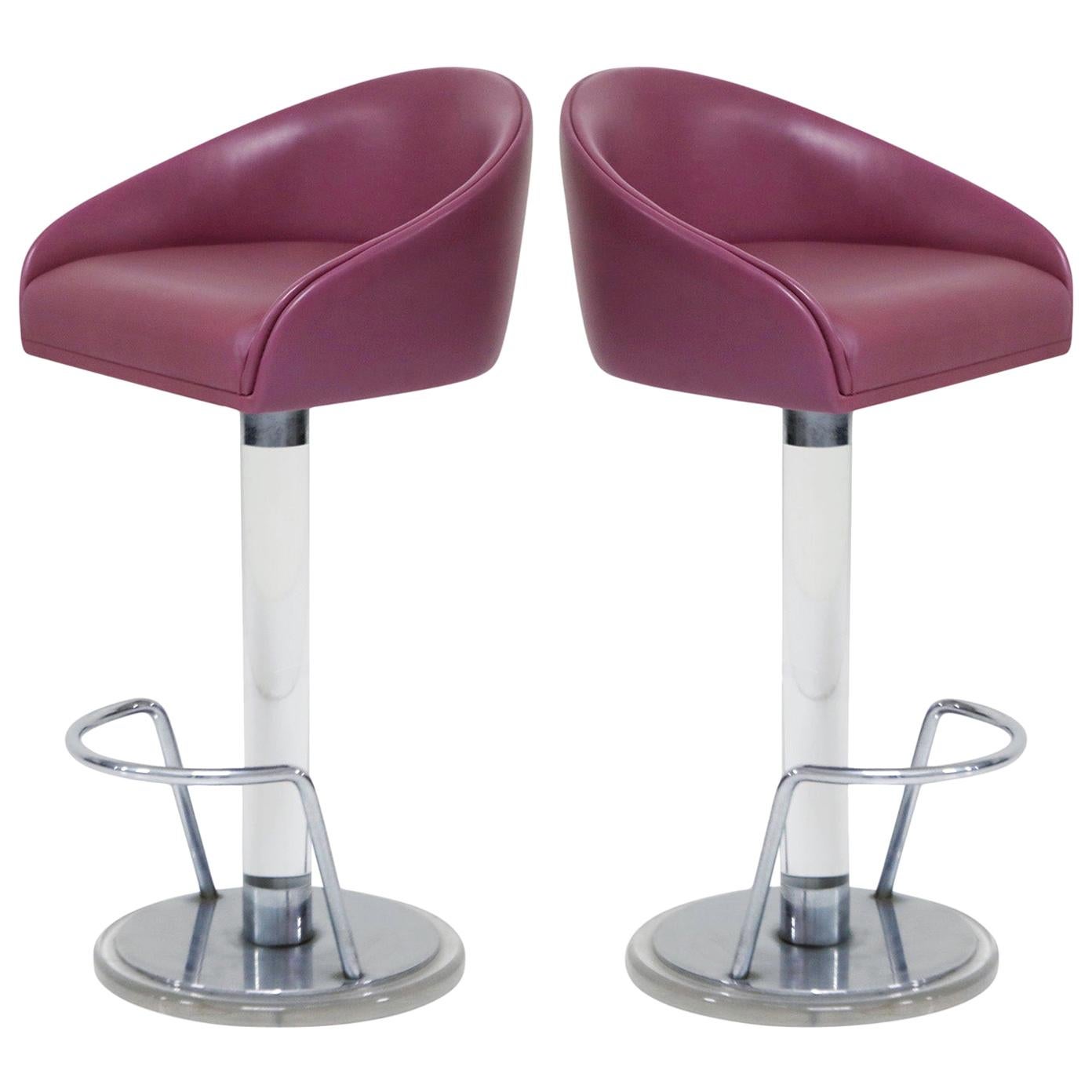 Pair of Lilac Leather and Lucite Swivel Barstools by Lion in Frost, Signed