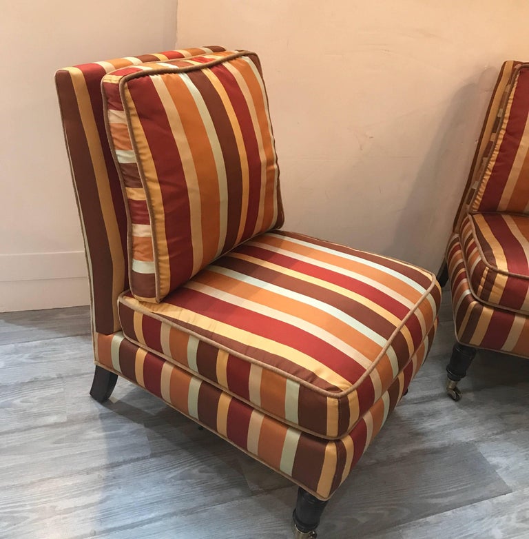 Pair of Lilian August Striped Silk Armless Club Chairs For Sale at 1stDibs