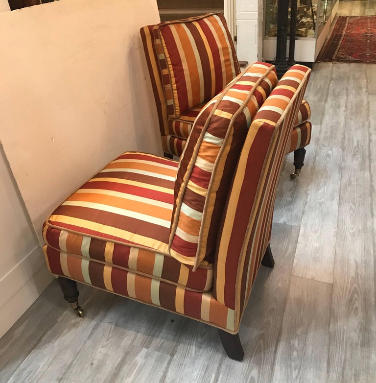 Pair of Lilian August Striped Silk Armless Club Chairs For Sale at 1stDibs