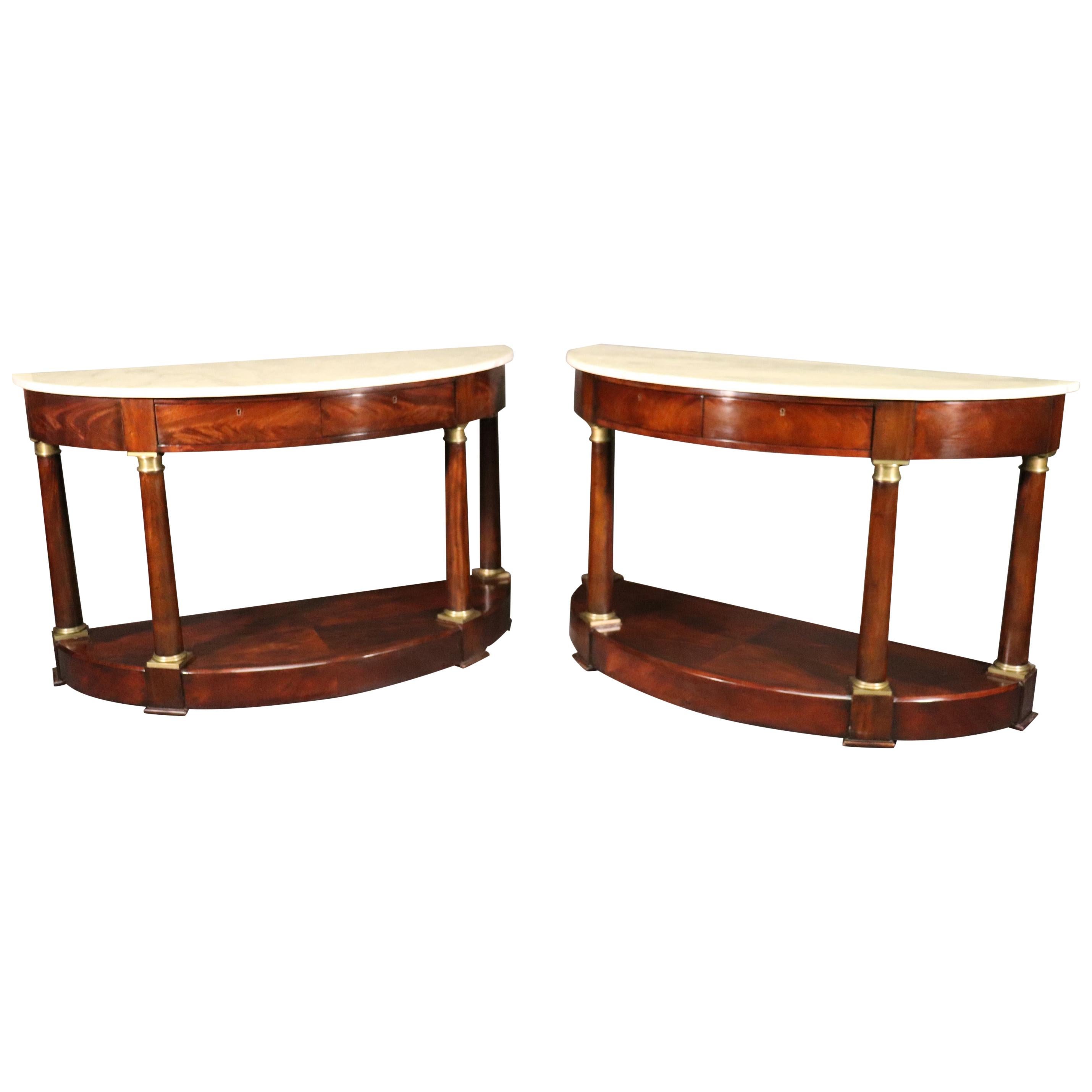 Pair of Lillian August Faux marble Painted Empire Style Demilune Console Tables