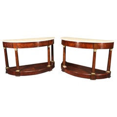 Used Pair of Lillian August Faux marble Painted Empire Style Demilune Console Tables