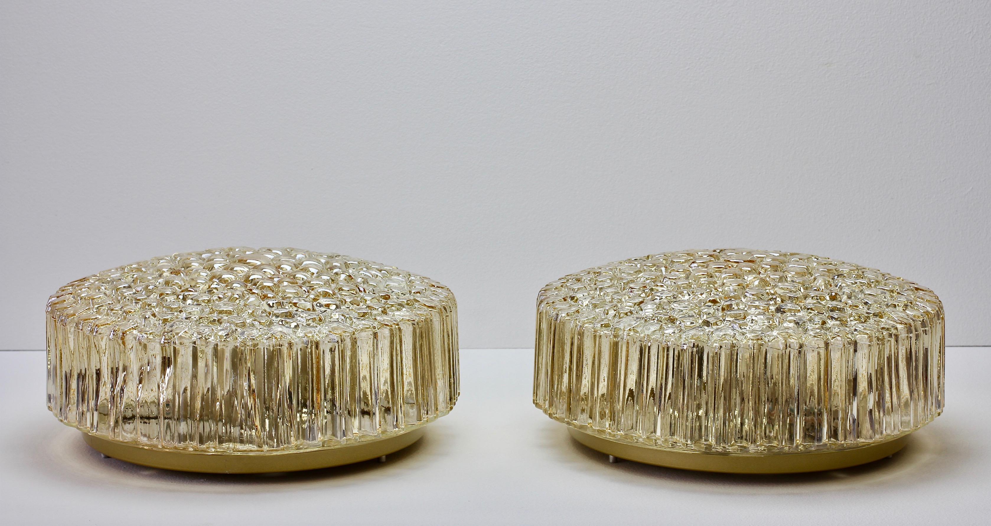 Mid-Century Modern Pair of Limburg 1970s Organic Textured Amber Toned Ice Glass Flush Mount Lights For Sale