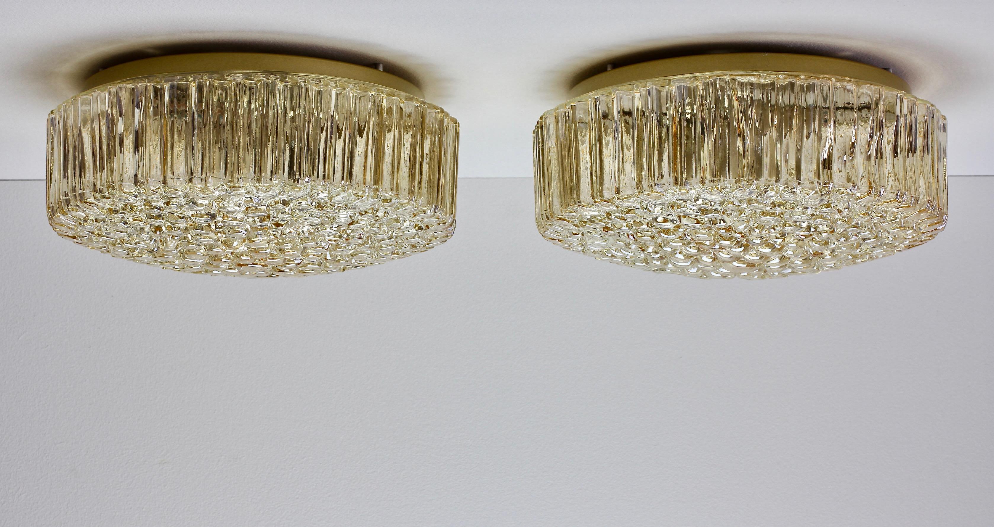 Metal Pair of Limburg 1970s Organic Textured Amber Toned Ice Glass Flush Mount Lights For Sale