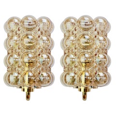 Vintage Pair of Limburg Amber Bubble Glass and Brass Wall Lights or Sconces, circa 1965