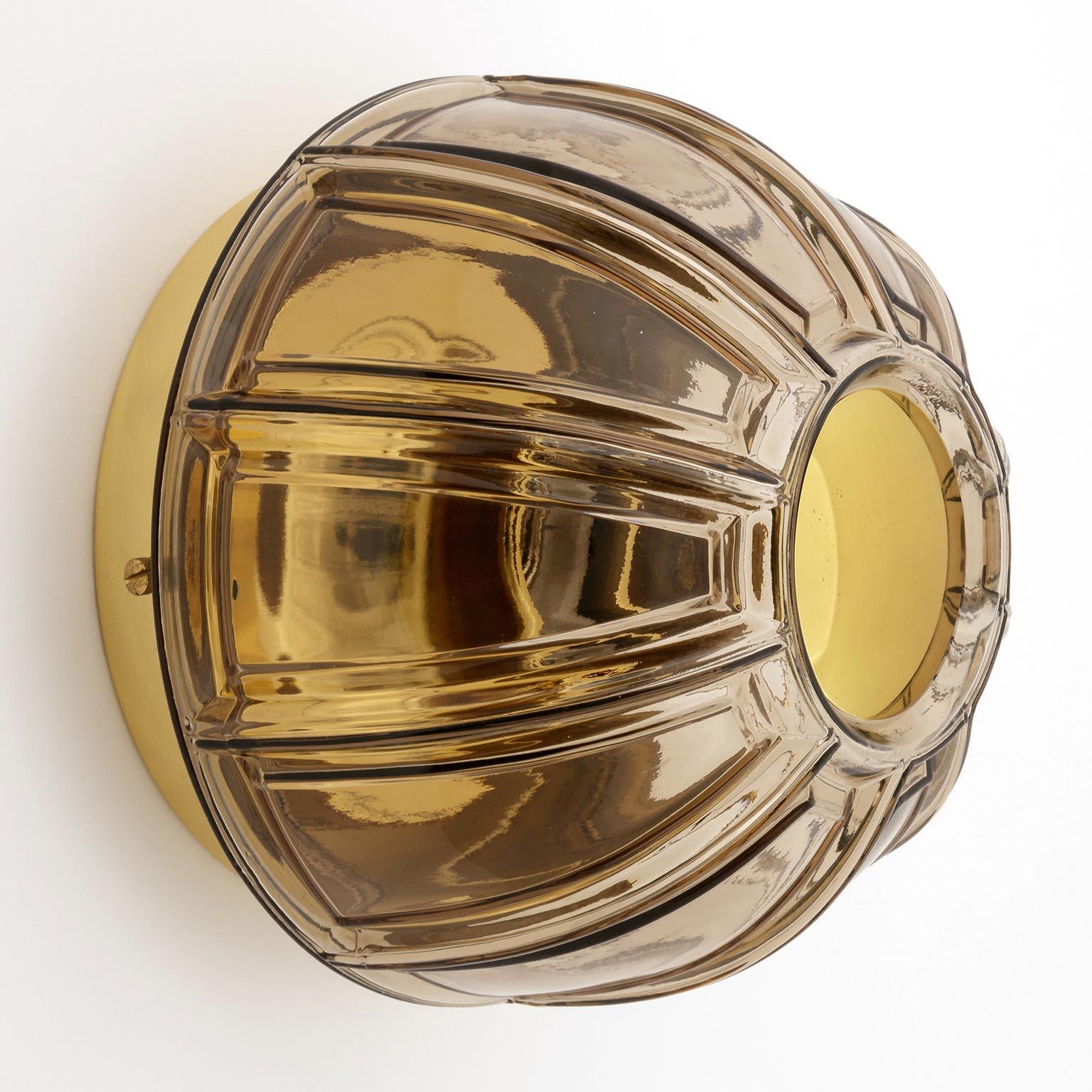 Mid-20th Century Pair of Limburg Flush Mount Lights or Sconces, Brass and Brown Glass, 1970