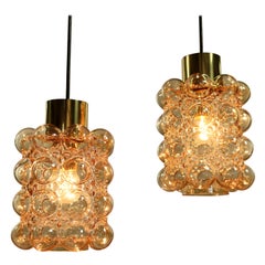 Pair of Limburg Pendant Lights Amber Glass Bubble Design Helena Tynell Lamps