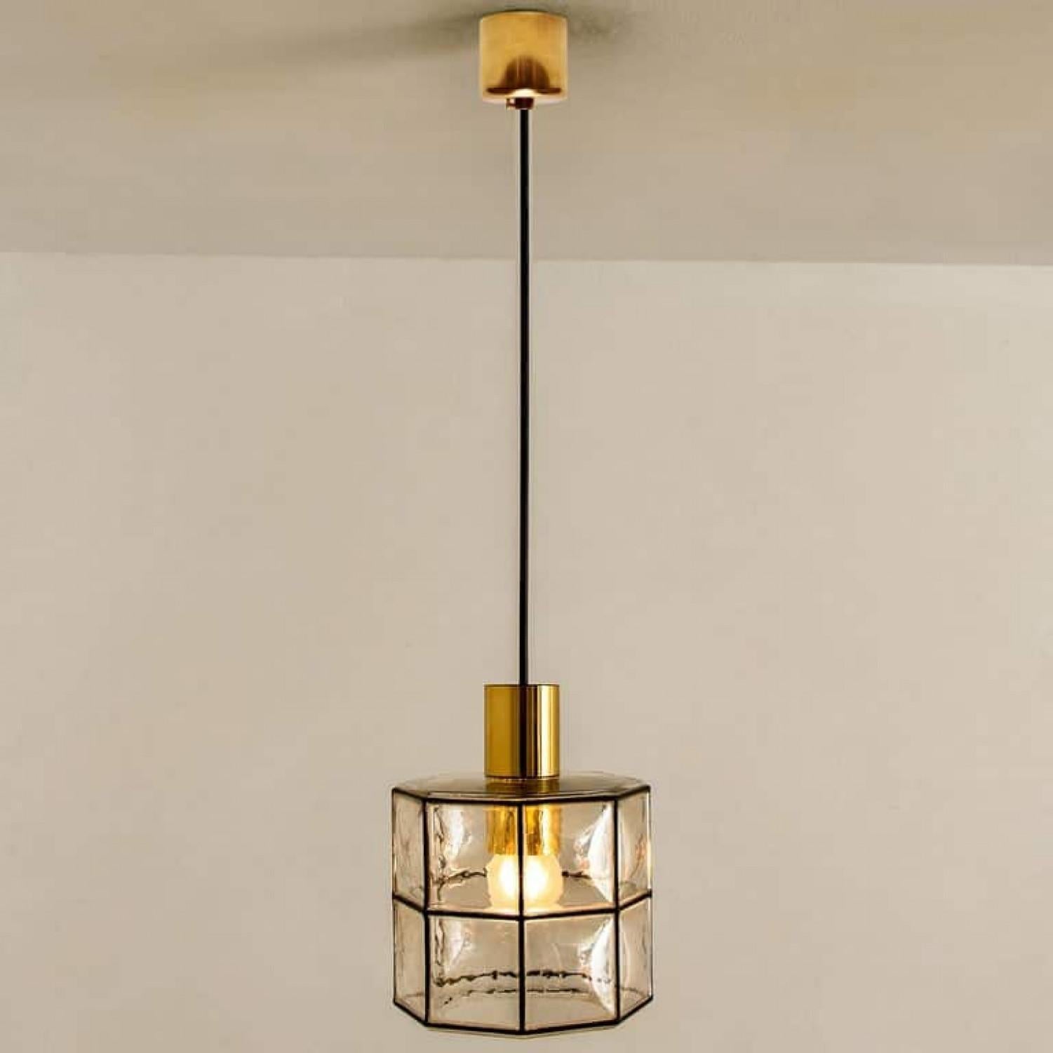 German Pair of Limburg Pendant Lights, Brass and Topaz Iron Glass, 1960 For Sale