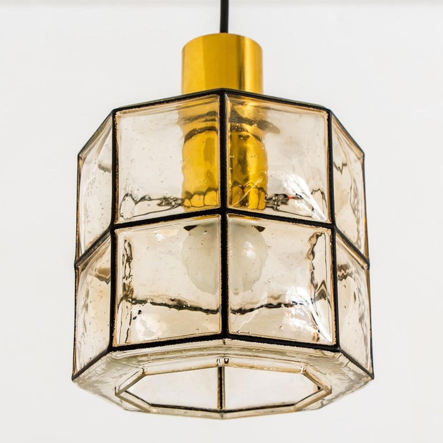20th Century Pair of Limburg Pendant Lights, Brass and Topaz Iron Glass, 1960