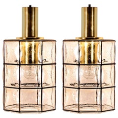 Pair of Limburg Pendant Lights, Brass and Topaz Iron Glass, 1960