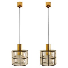 Pair of Limburg Pendant Lights, Brass and Topaz Iron Glass, 1960