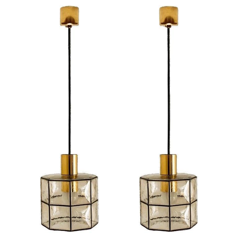 Pair of Limburg Pendant Lights, Brass and Topaz Iron Glass, 1960 For Sale