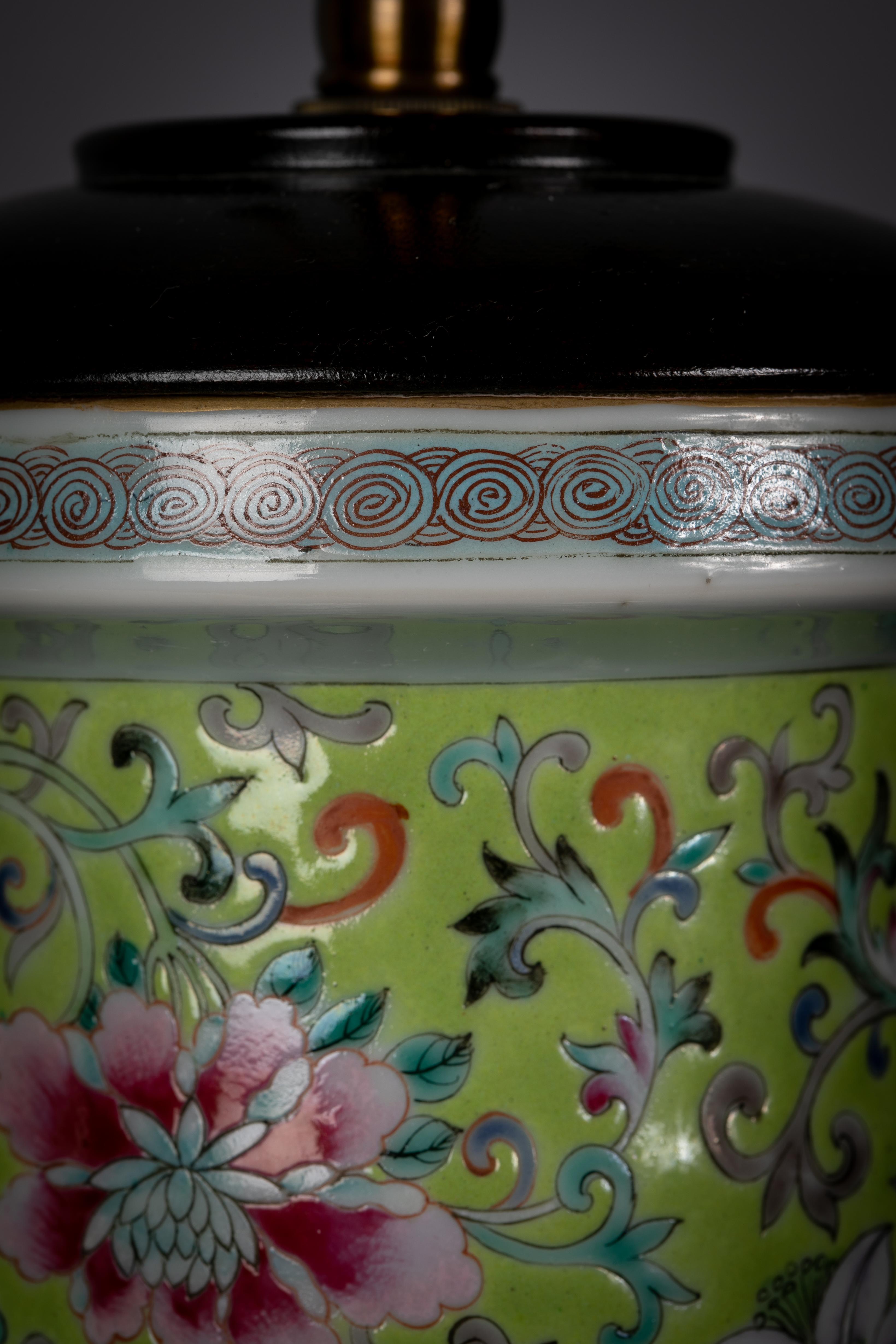 Pair of Lime Green Ground Chinese Porcelain Famille Rose Lamps, Circa 1860 In Good Condition For Sale In New York, NY
