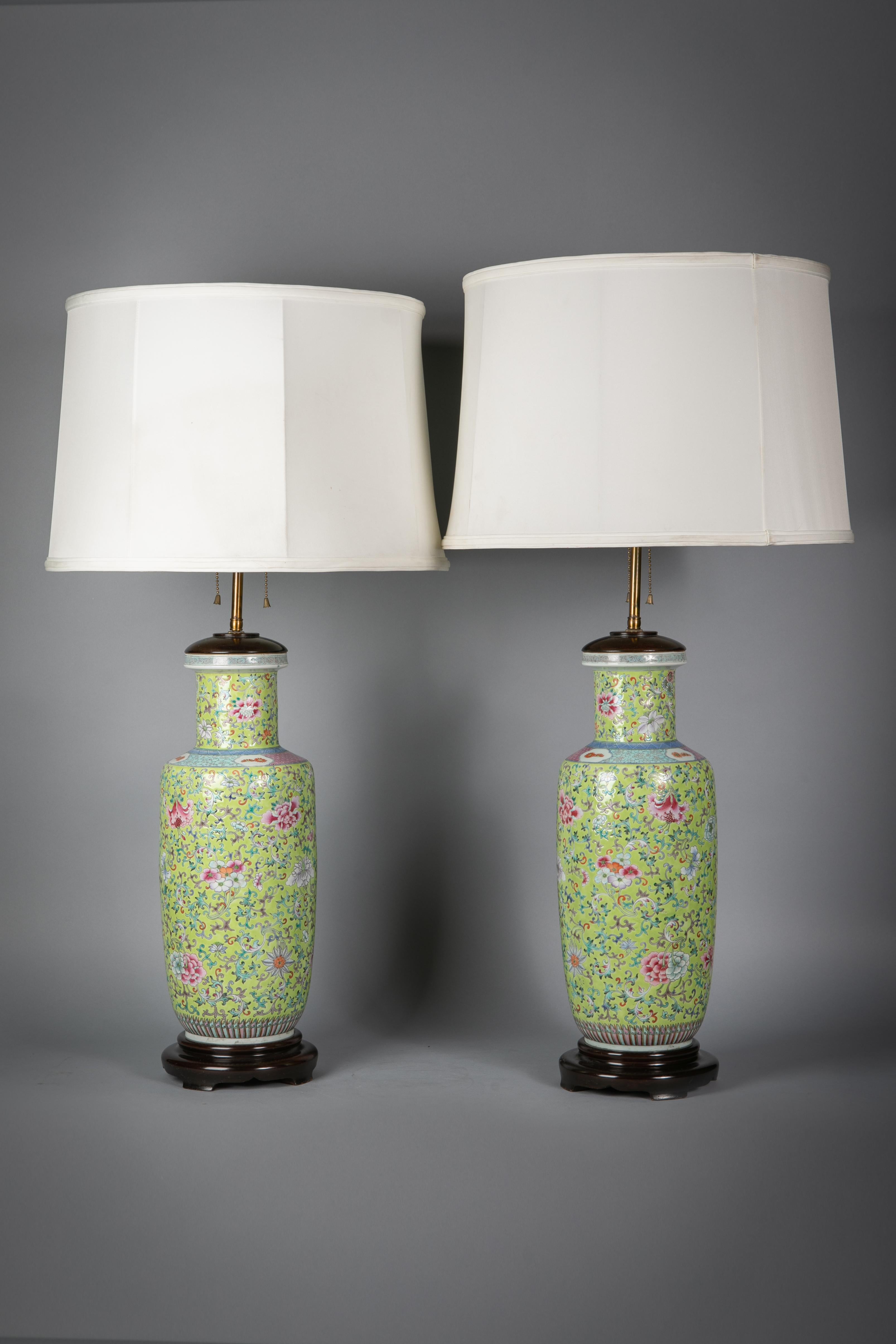 Pair of Lime Green Ground Chinese Porcelain Famille Rose Lamps, Circa 1860 For Sale 1
