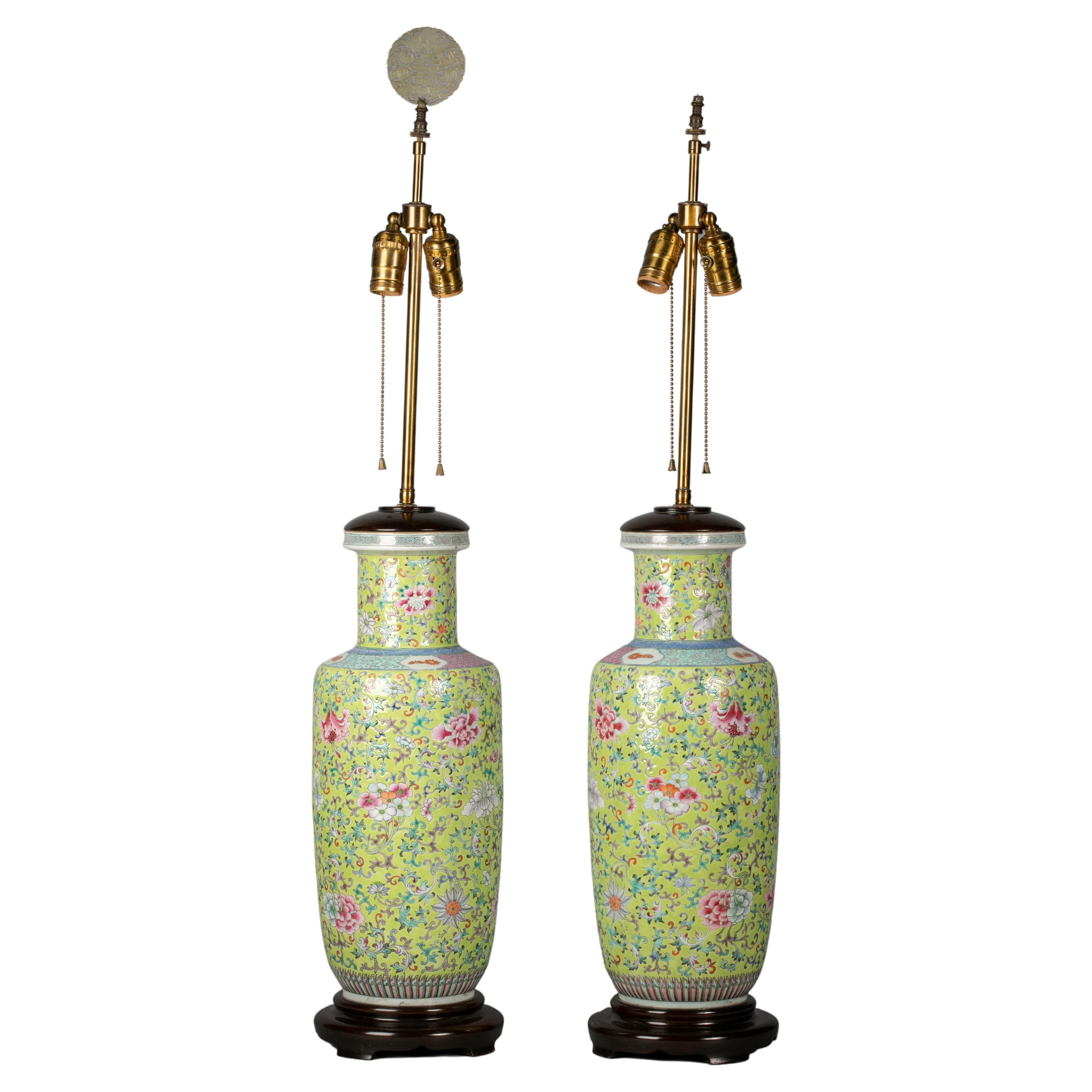 Pair of Lime Green Ground Chinese Porcelain Famille Rose Lamps, Circa 1860 For Sale