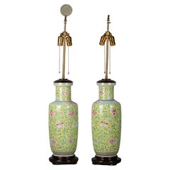Pair of Lime Green Ground Chinese Porcelain Famille Rose Lamps, Circa 1860