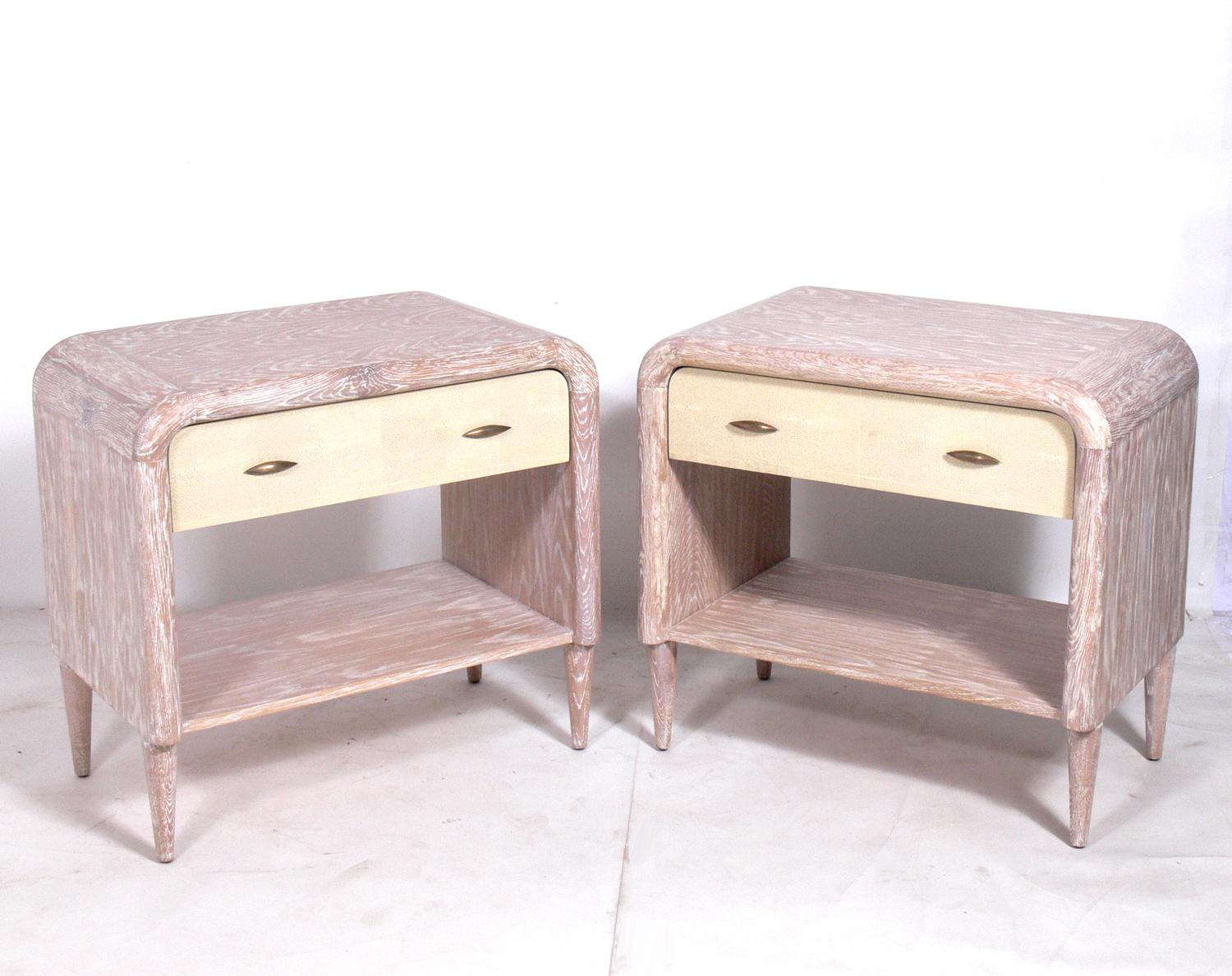 Pair of limed wood and faux Shagreen nightstands, American, circa 1990s. They are a versatile size and can be used as night stands, or as side or end tables.